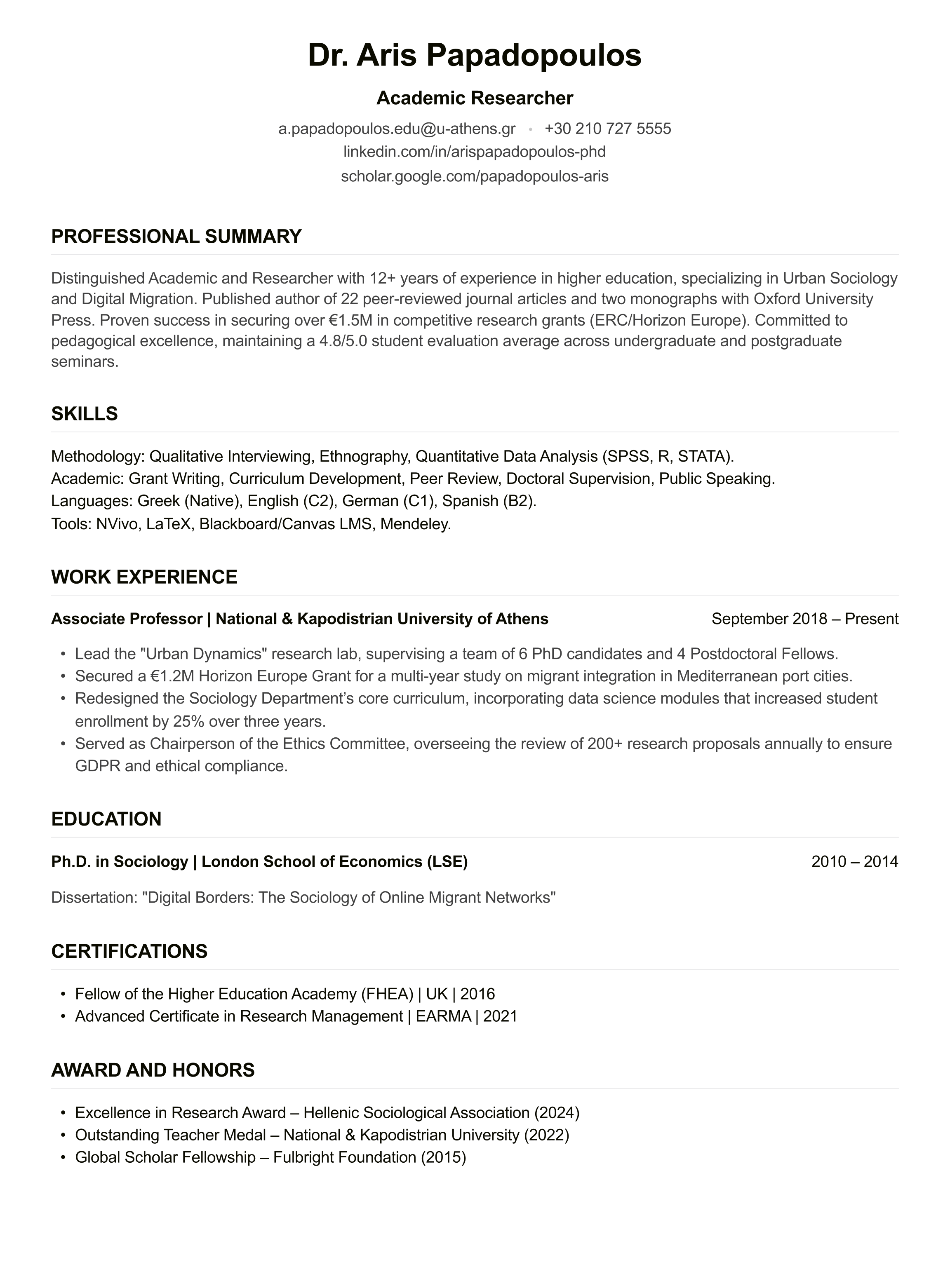 Academic Researcher CV example