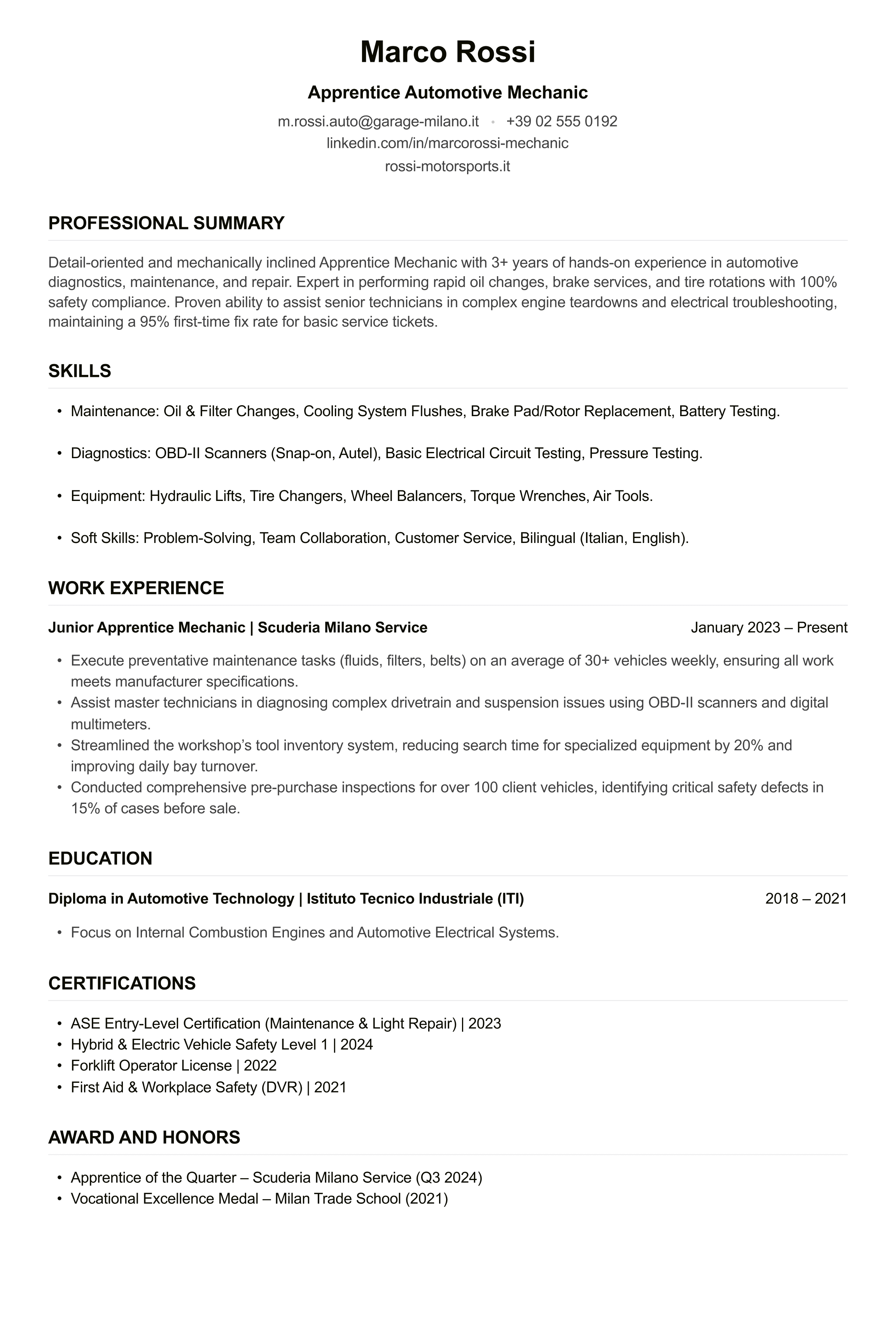 Apprentice Mechanic CV example