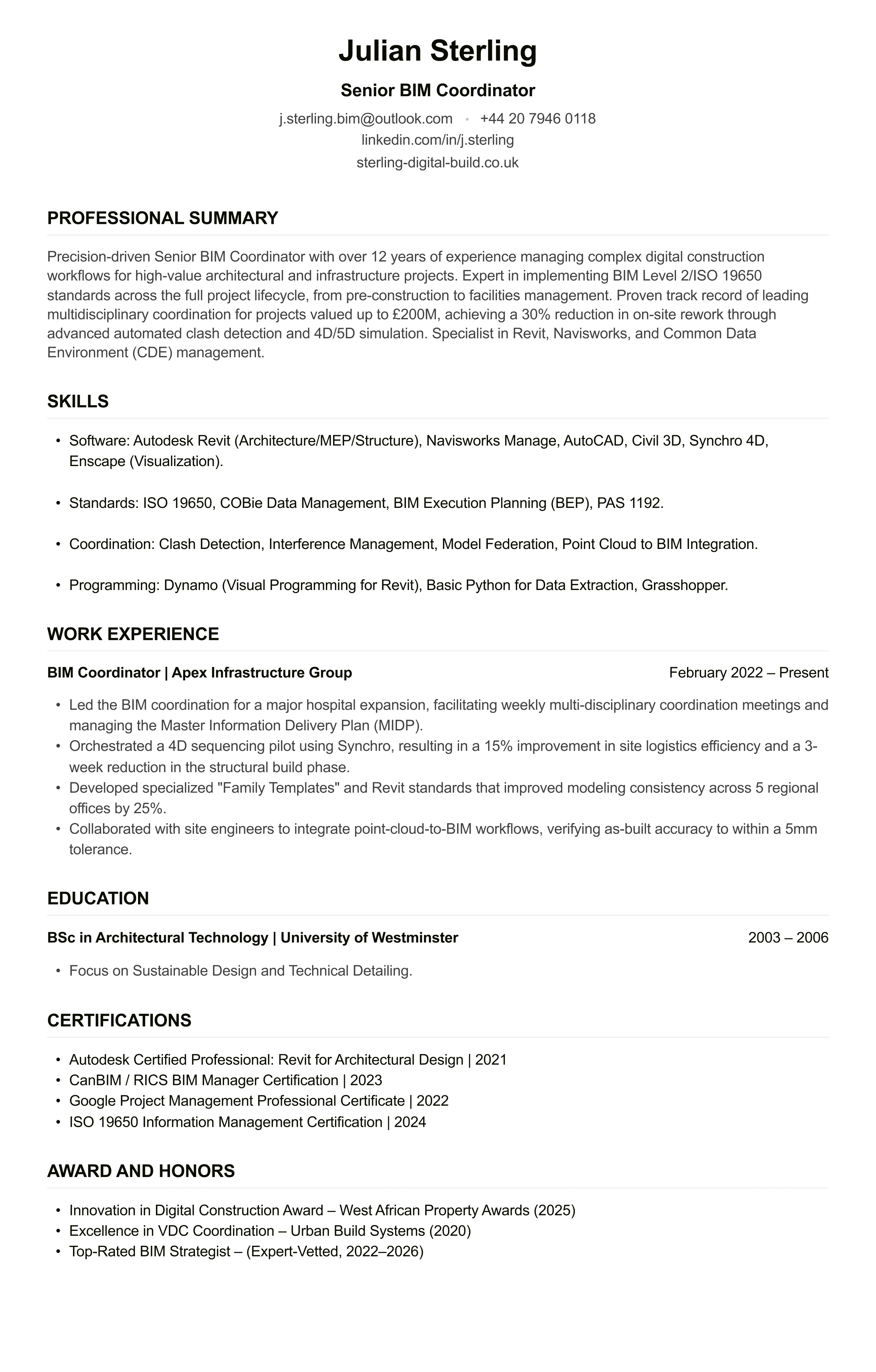 BIM Coordinator CV example