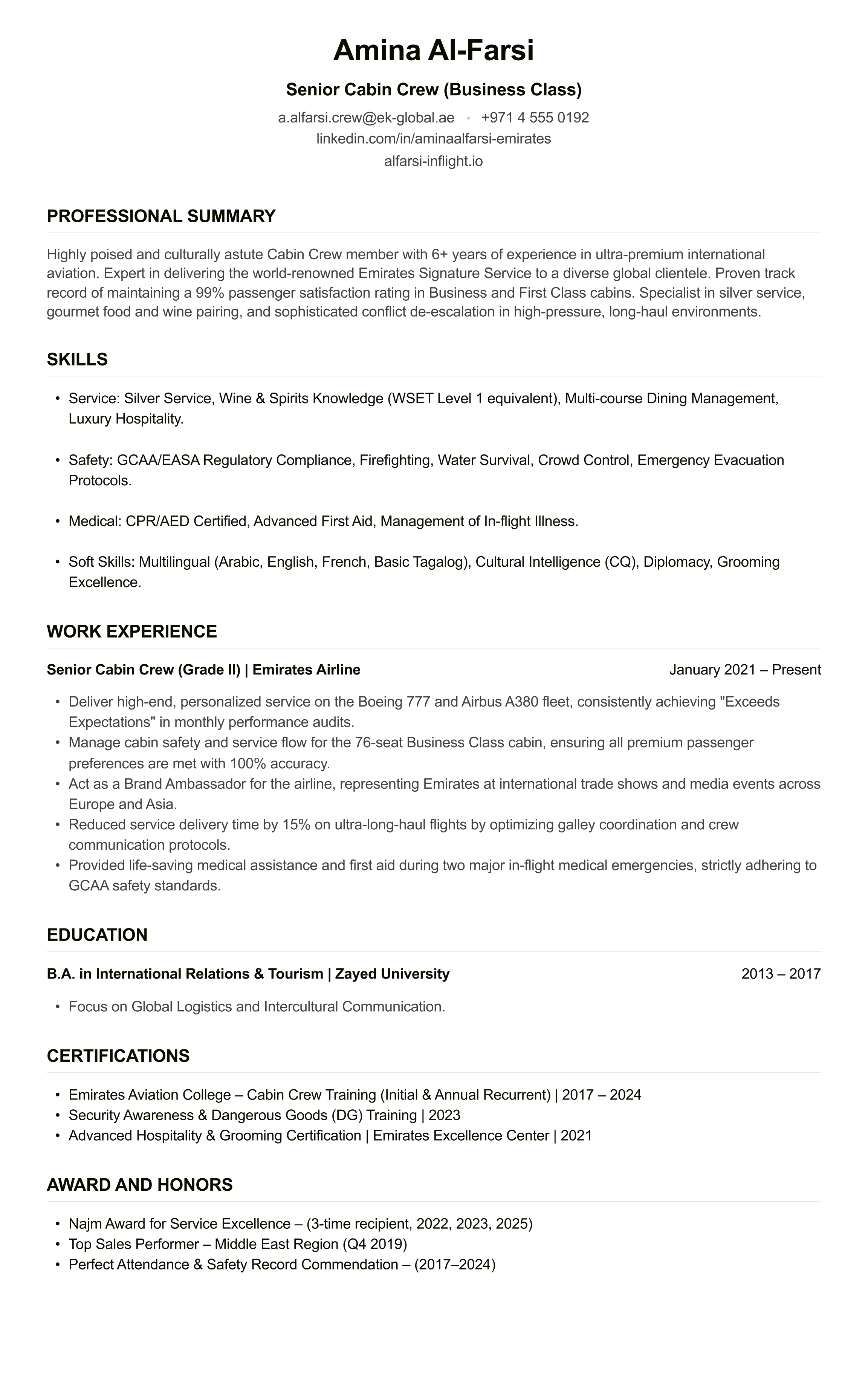 Emirates Cabin Crew CV example