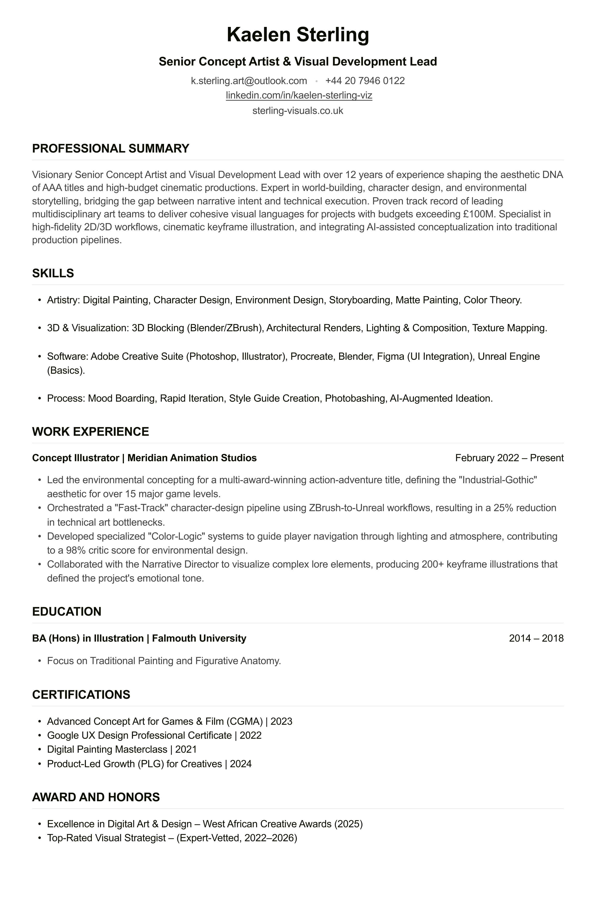 Concept Artist CV example