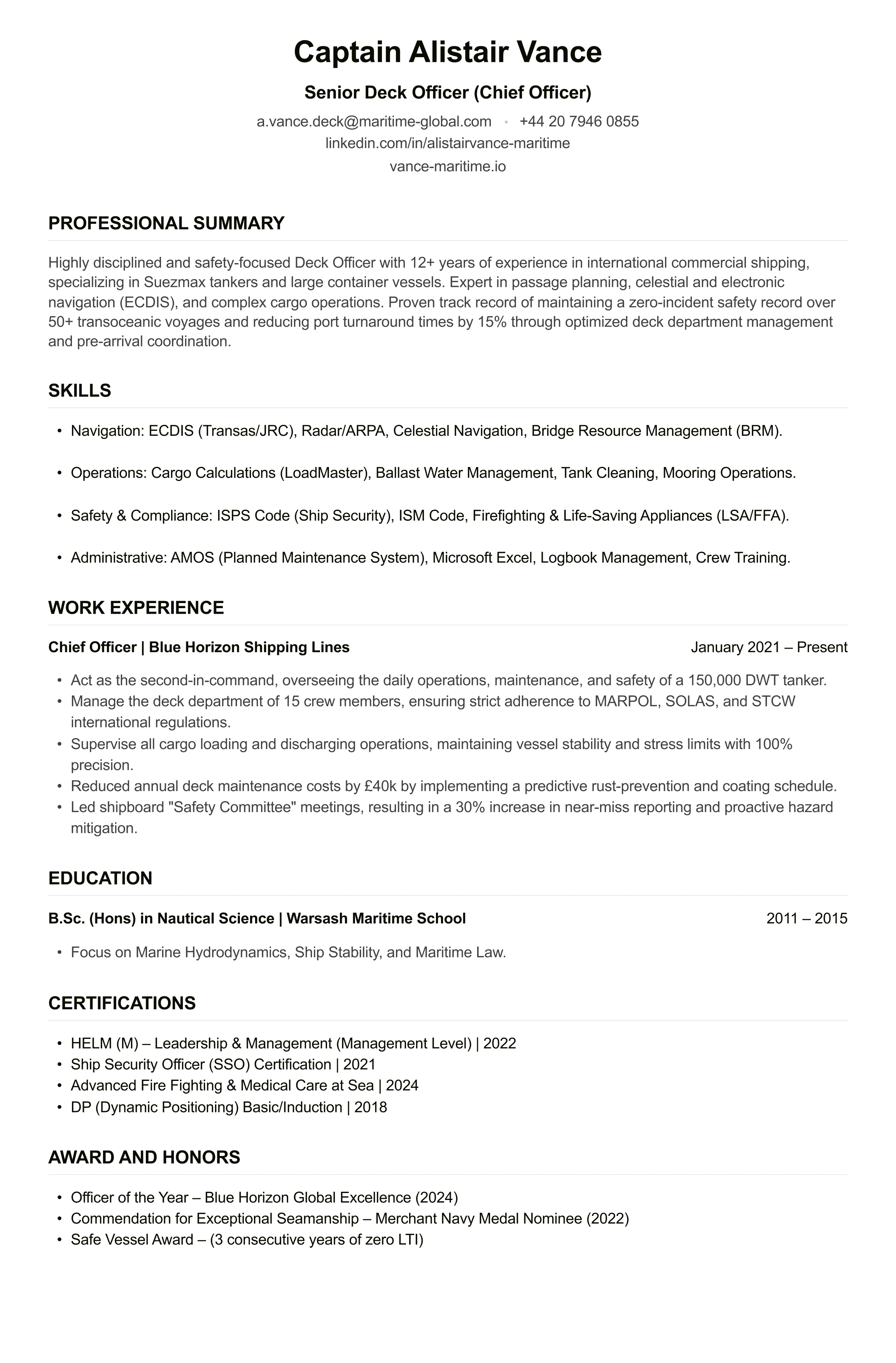 Deck Officer CV example
