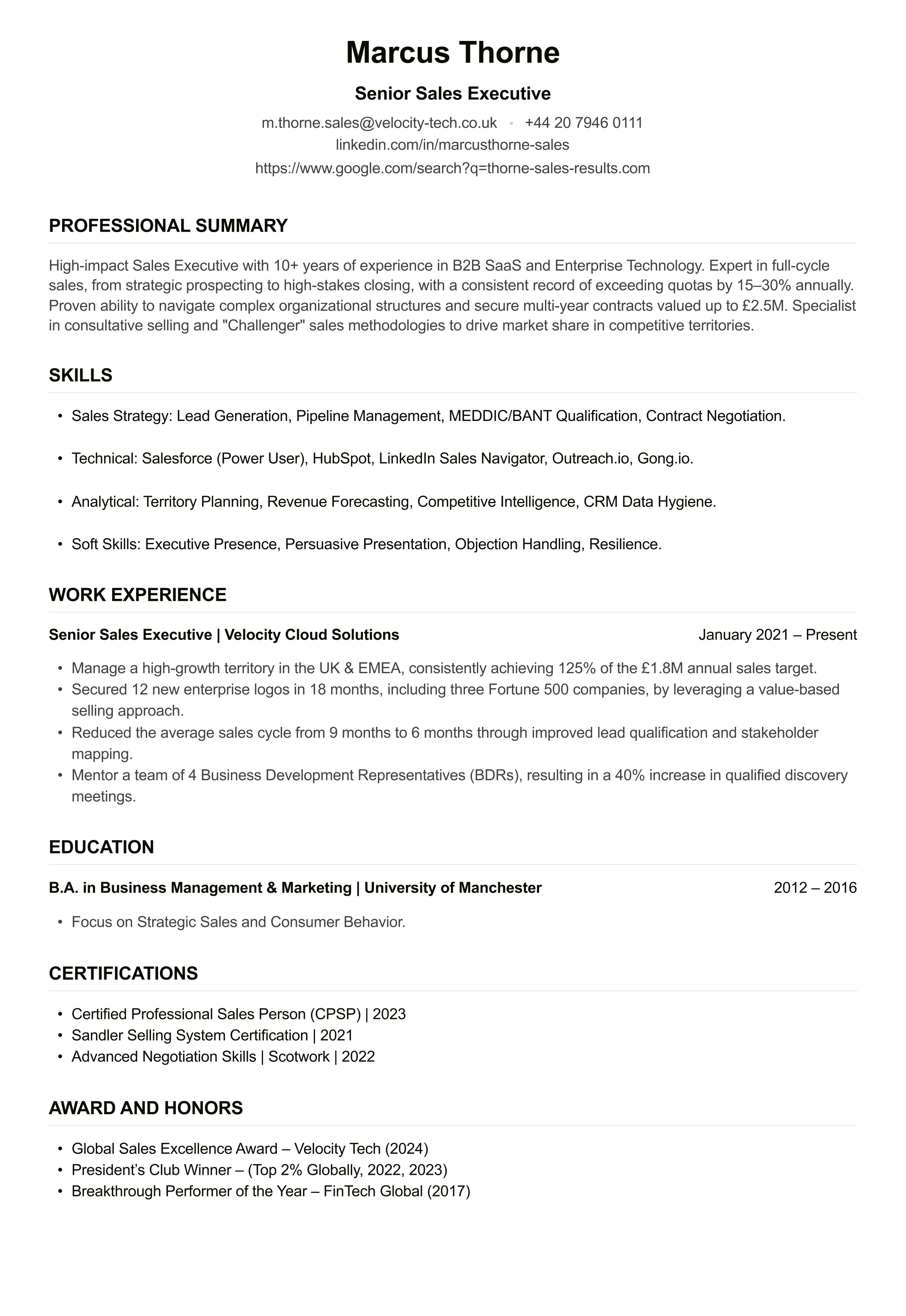 Sales Executive CV example
