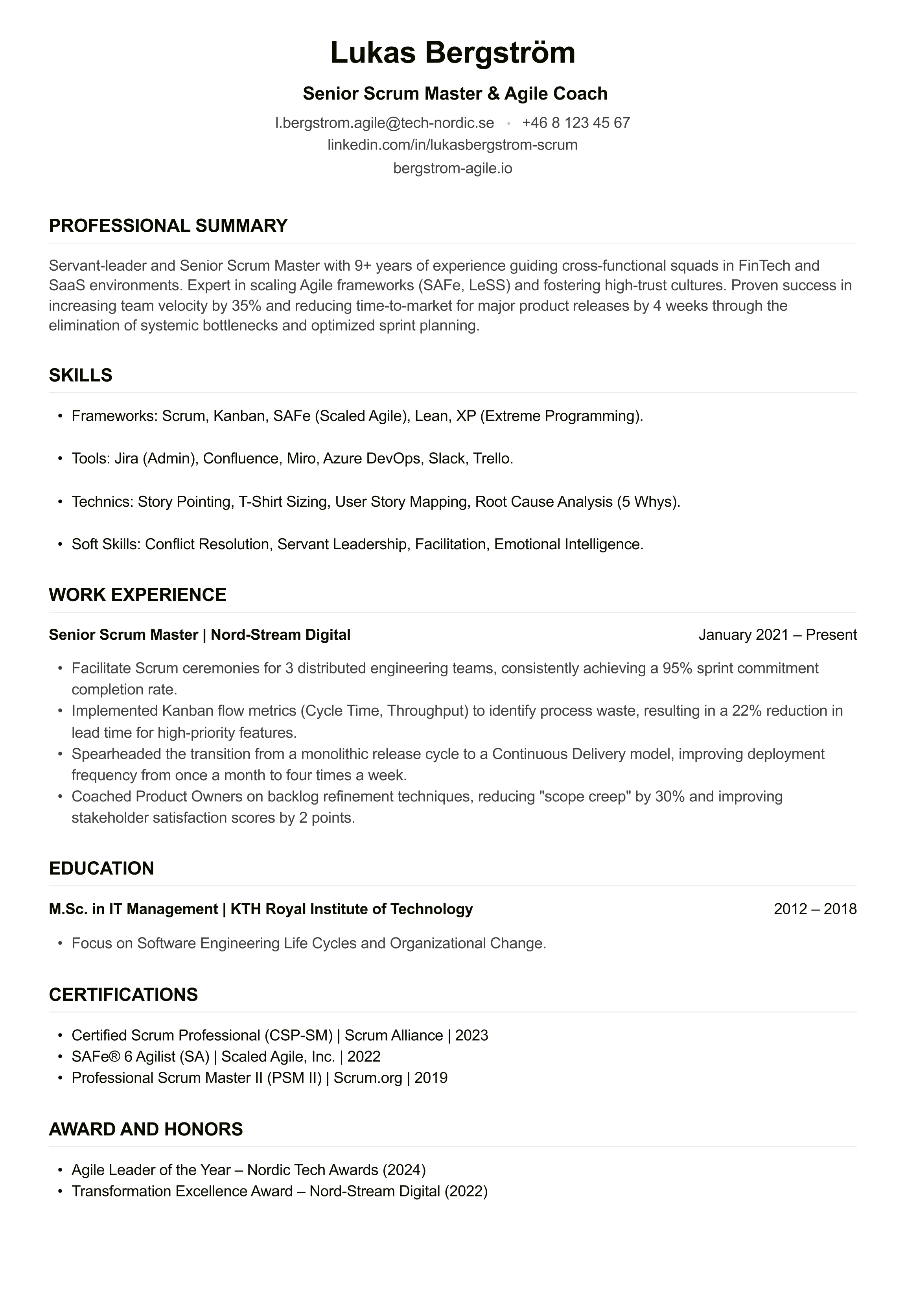 Scrum Master CV example