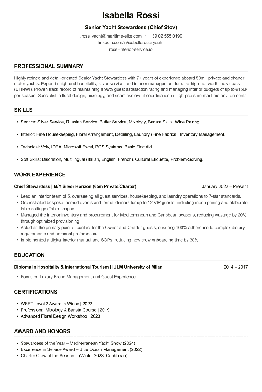 Yacht Stewardess CV