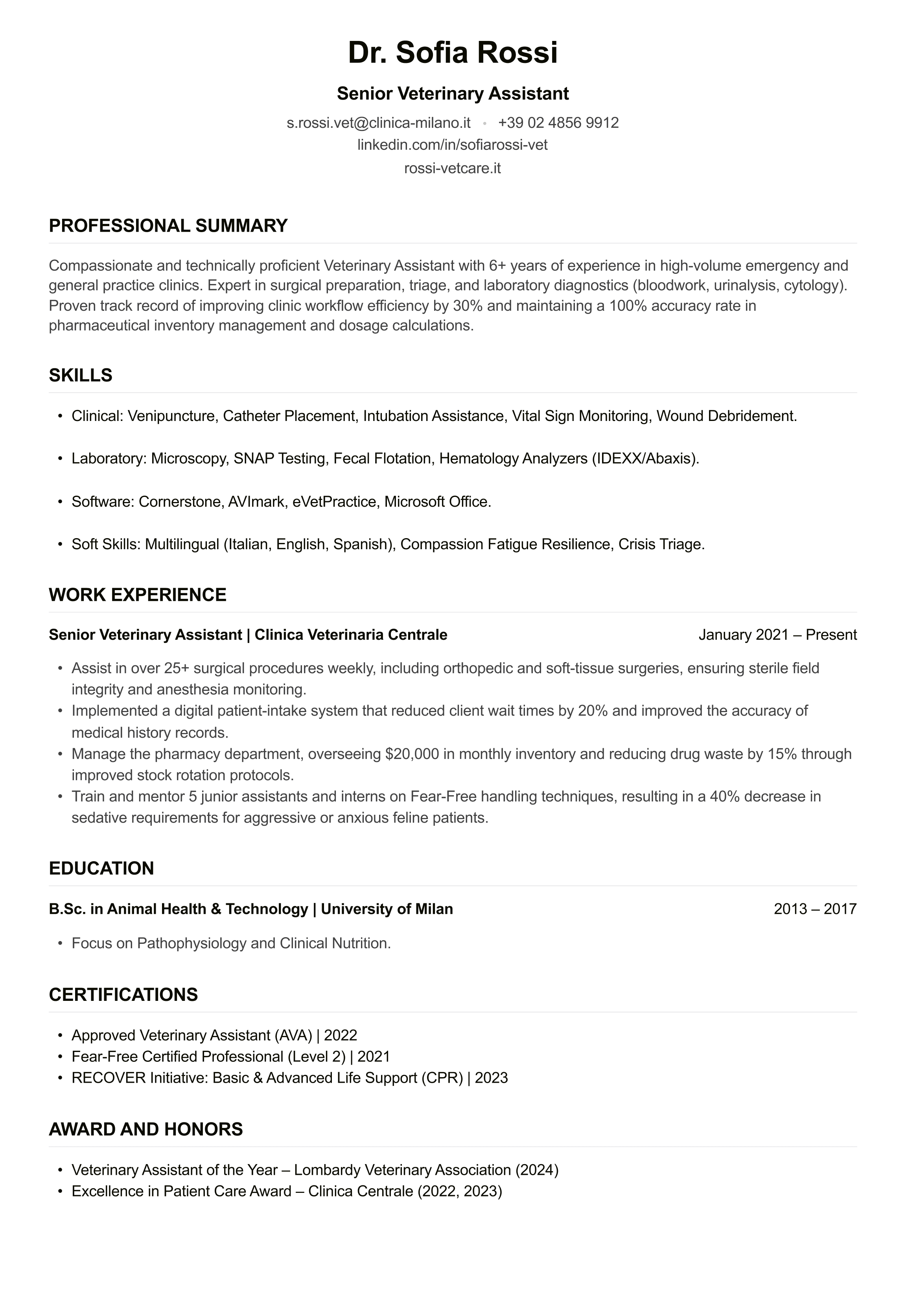 Veterinary Assistant CV example