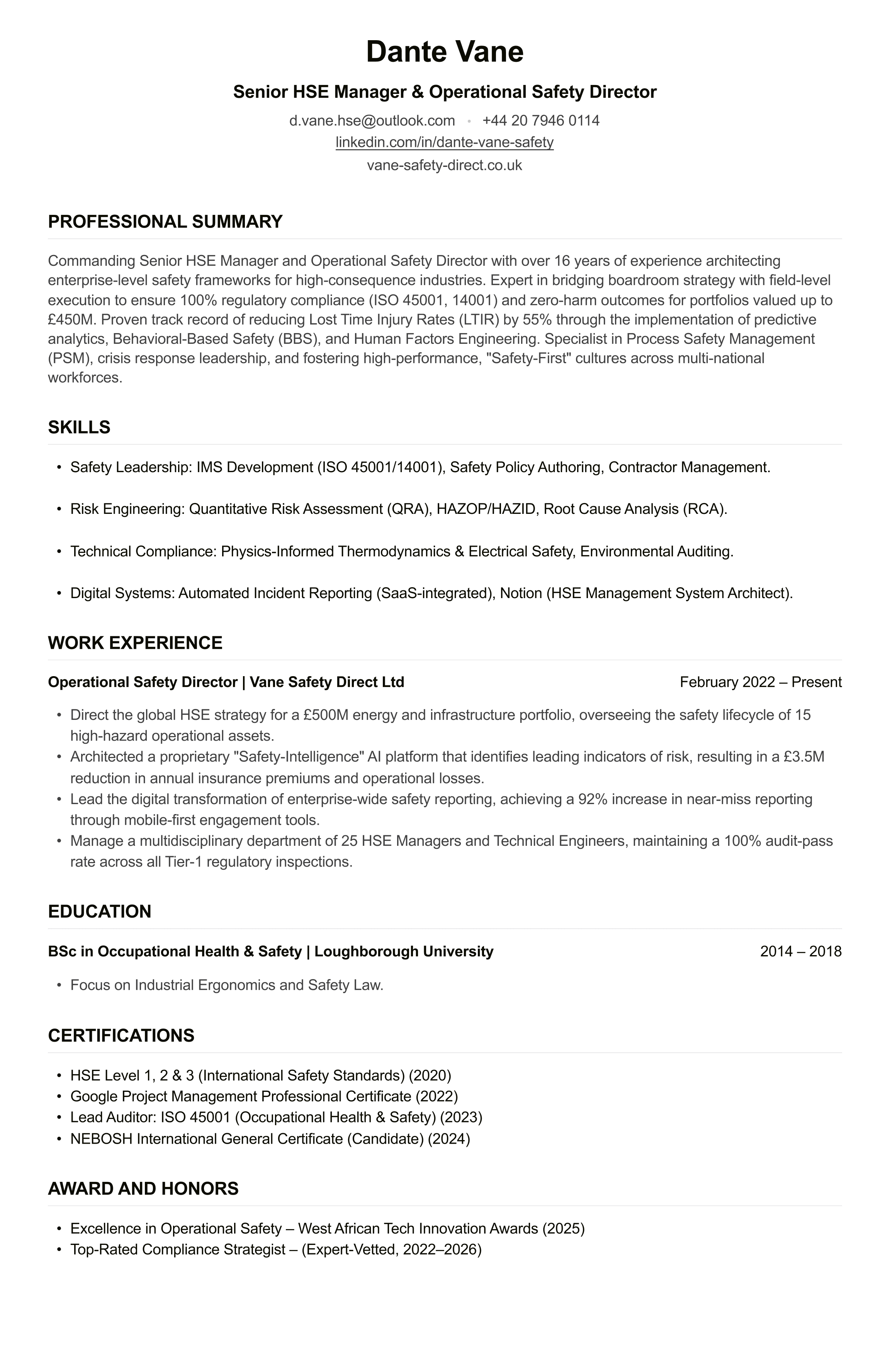 HSE Manager CV example