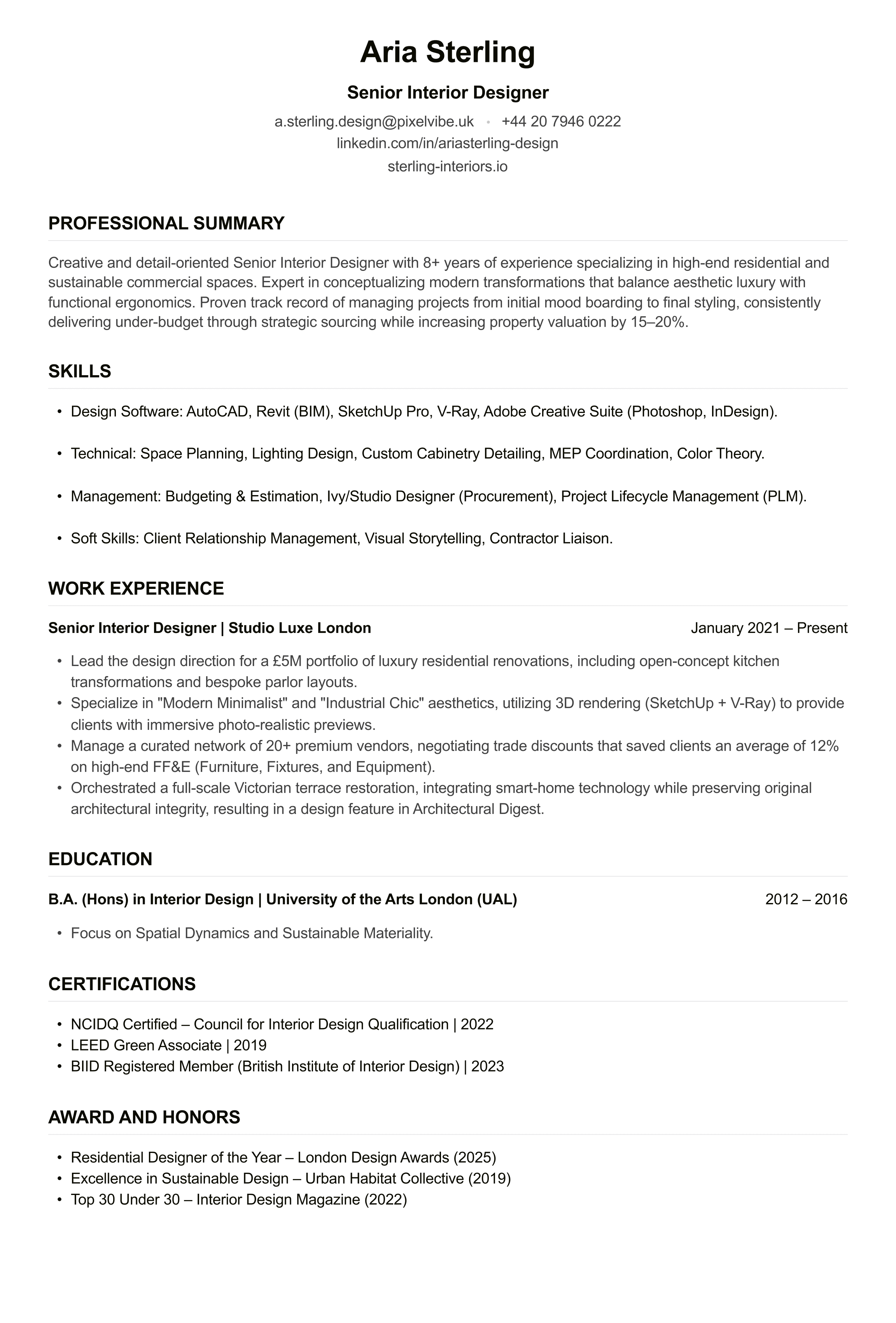 Interior Designer CV example
