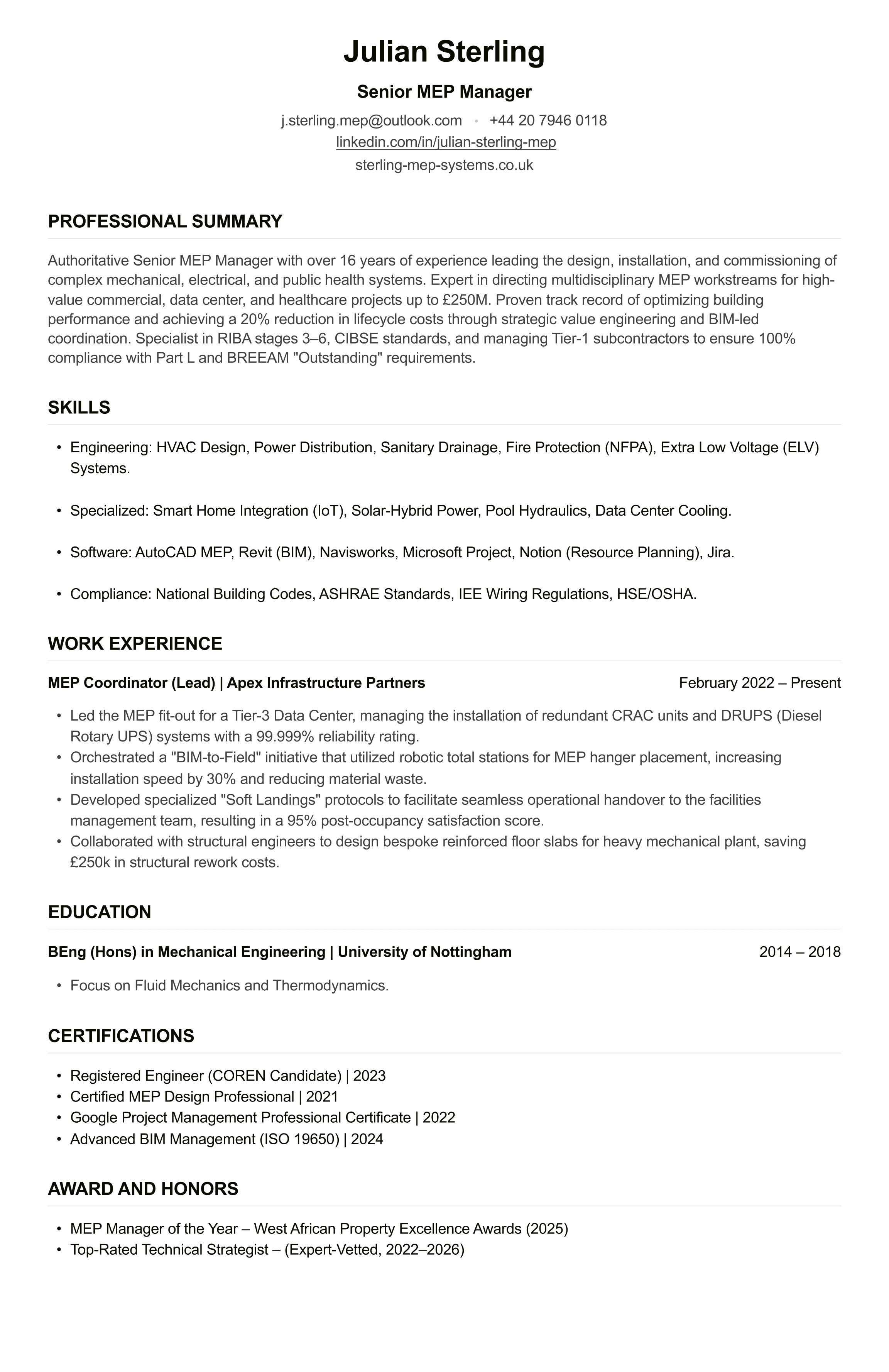 MEP Manager CV example