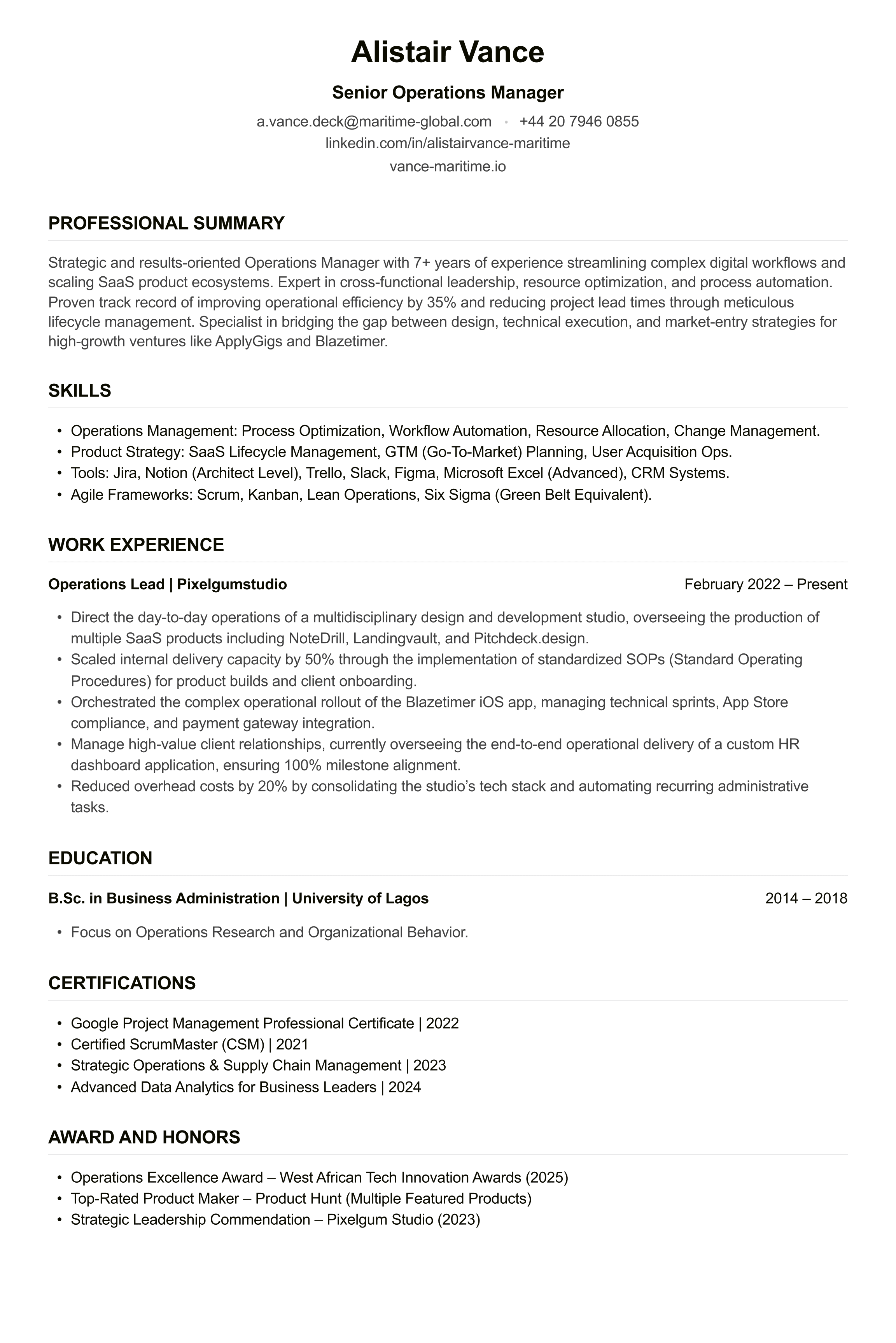 Operations Manager CV example