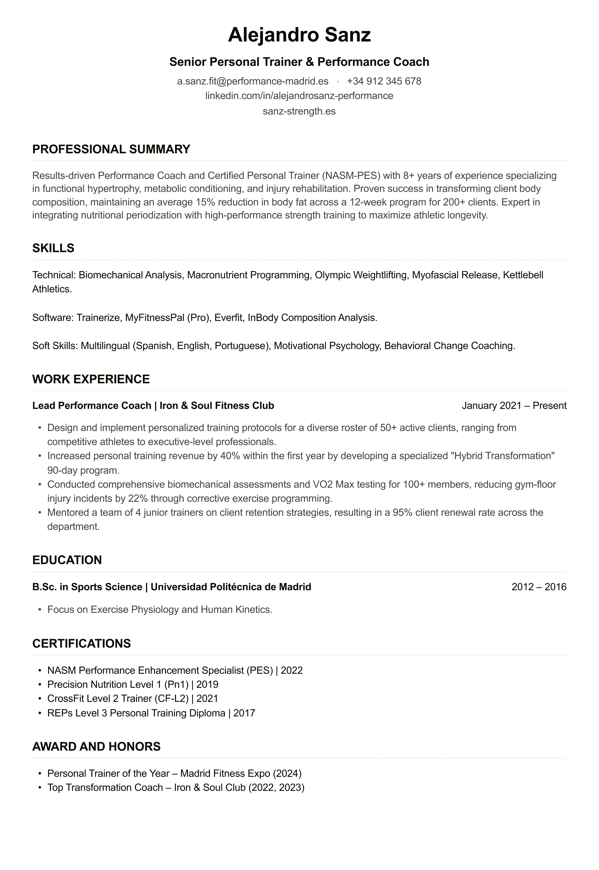 Personal Trainer CV example