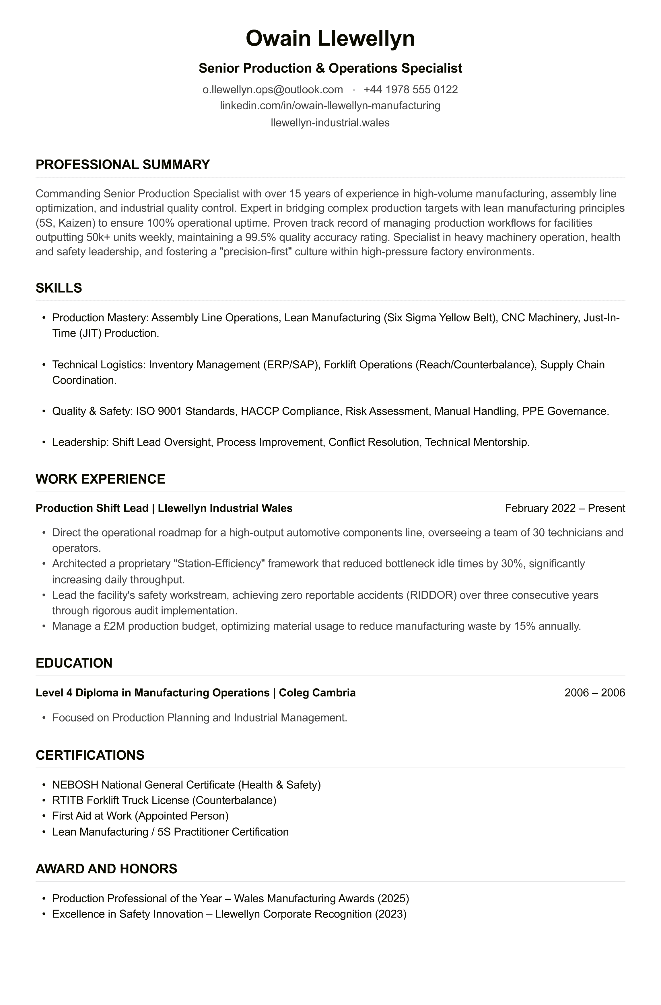 Factory Worker CV example