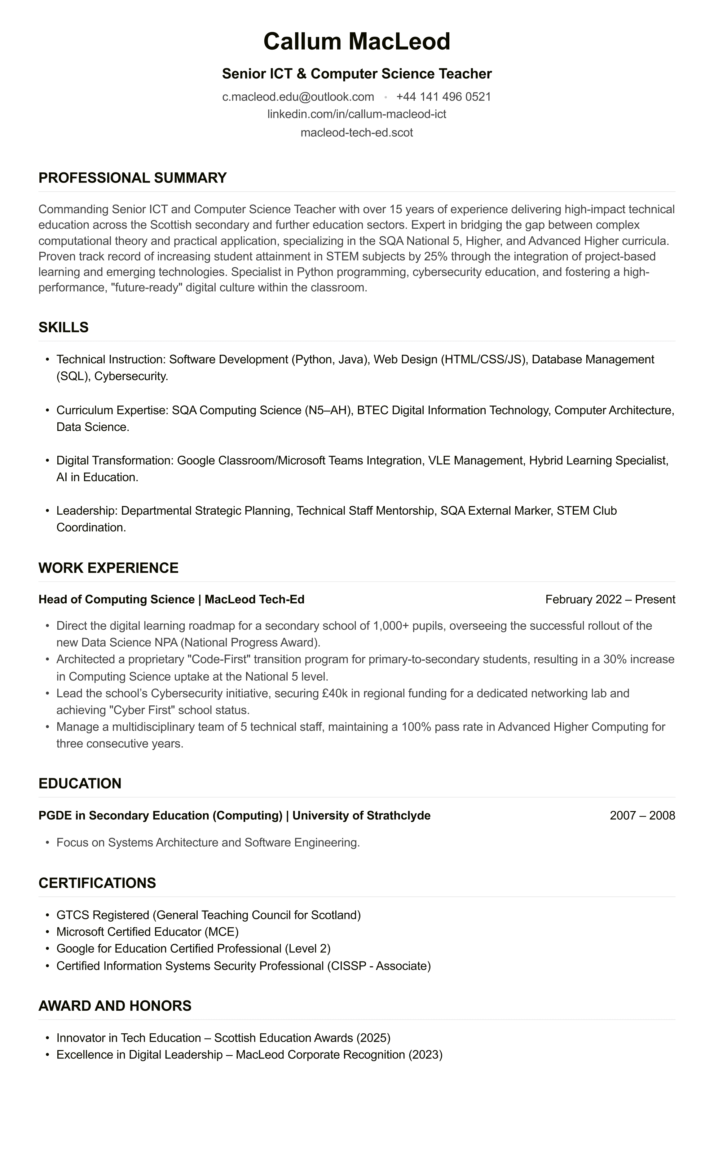 ICT Teacher CV example