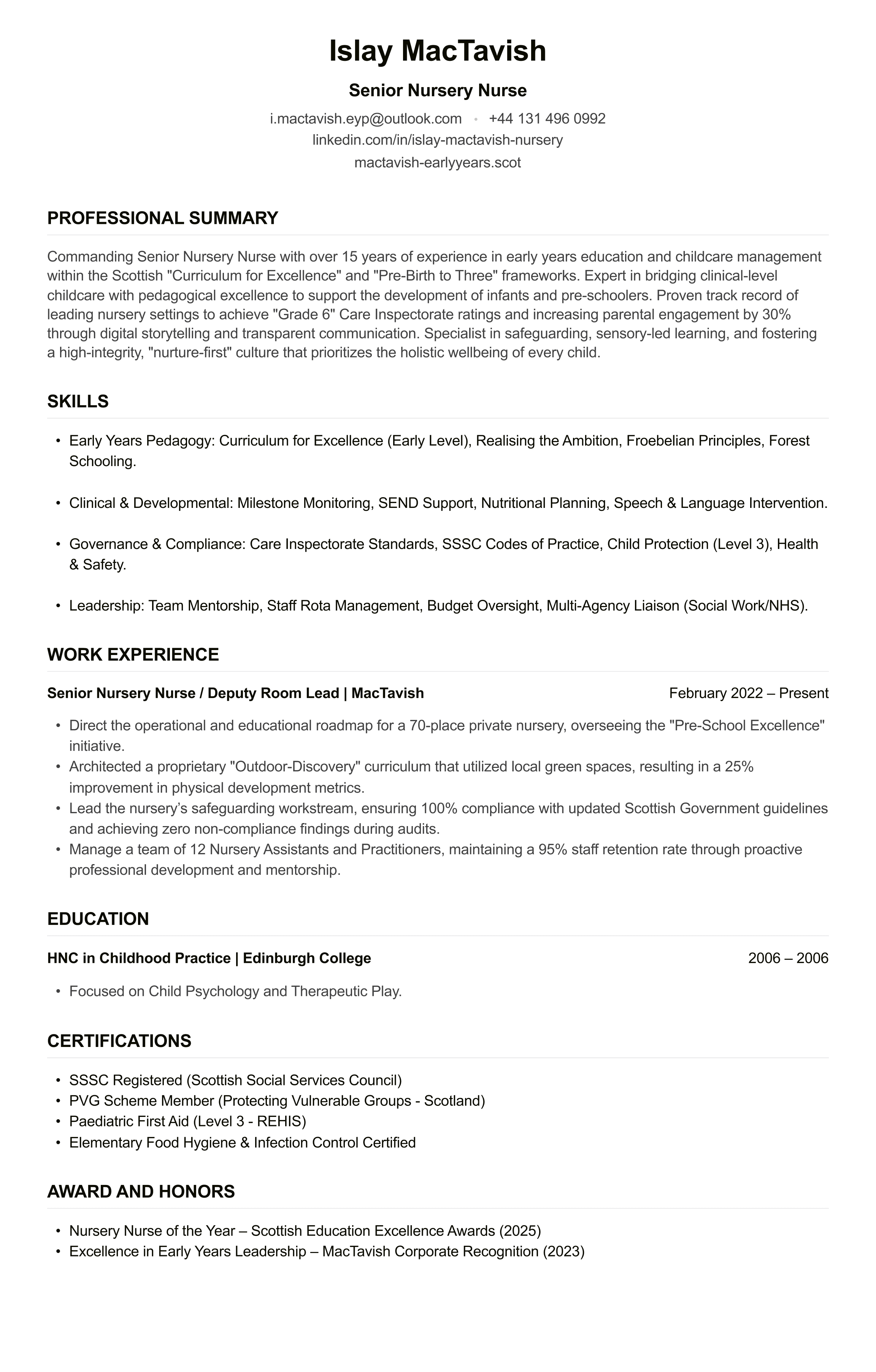 Nursery Nurse CV example