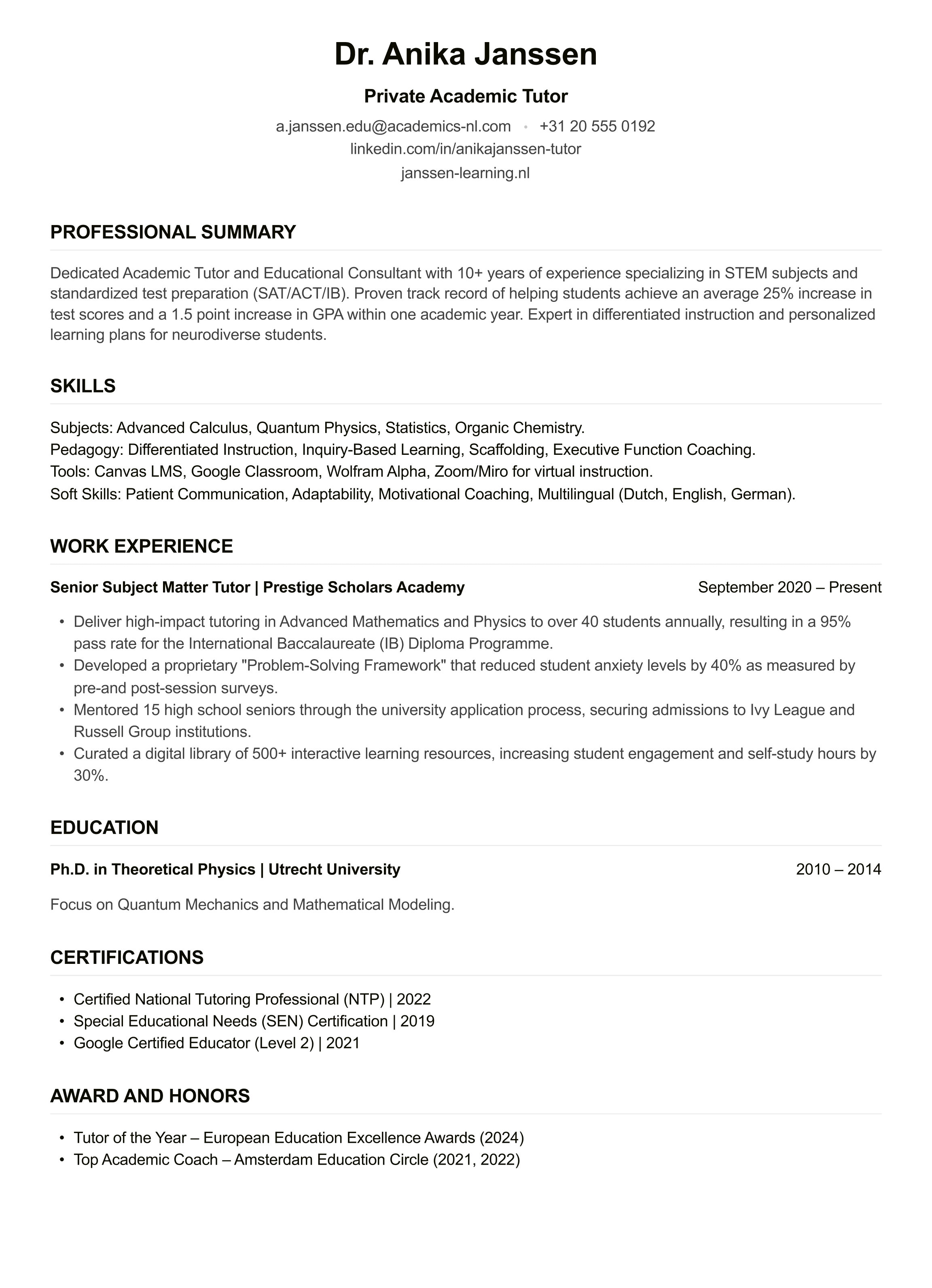 Tutor CV example