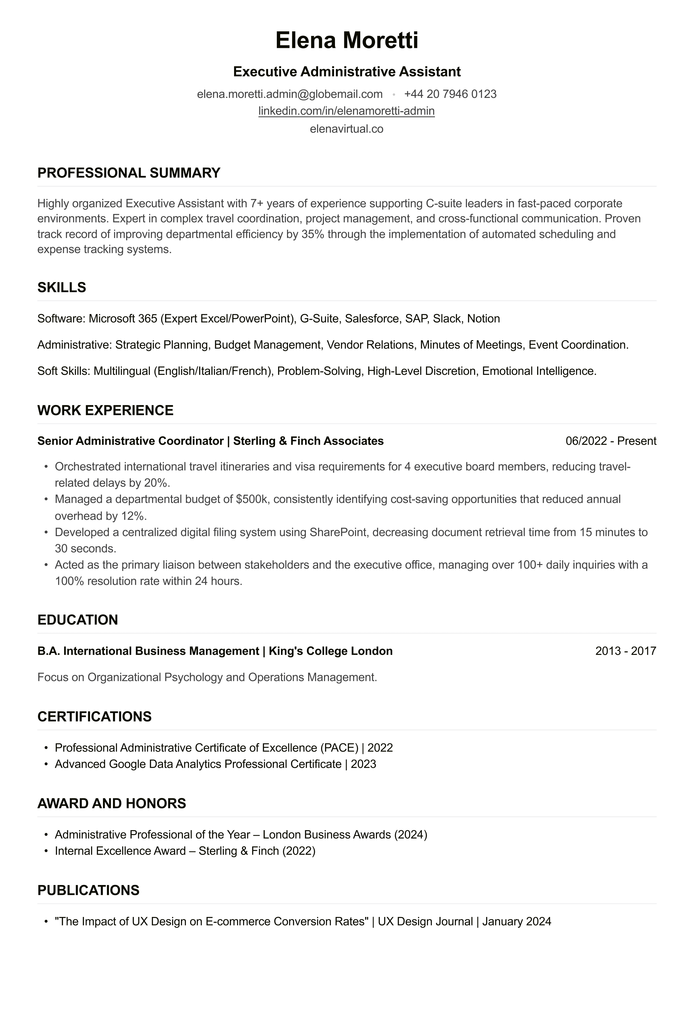 Admin Assistant CV example