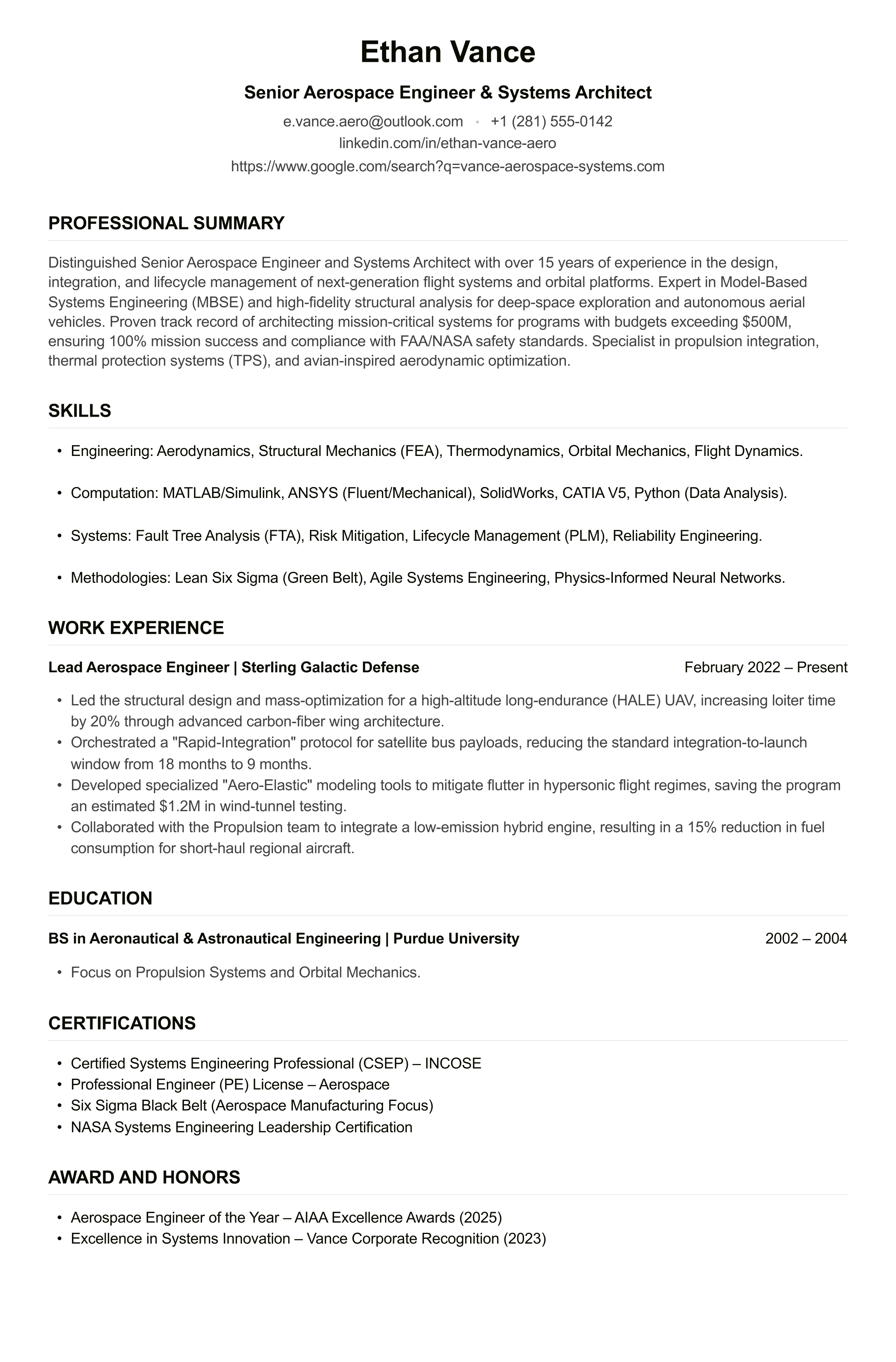 Aerospace Engineer CV example