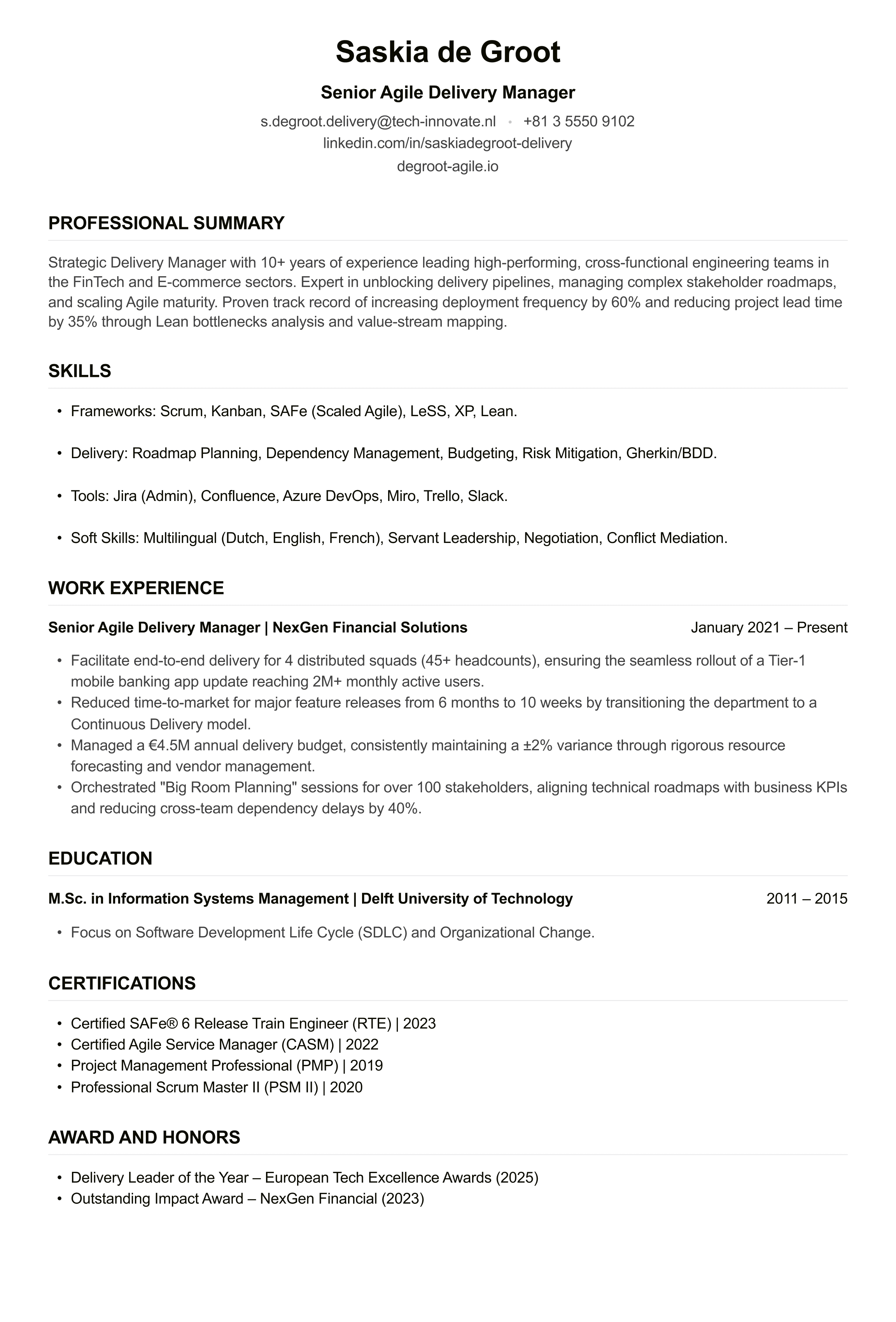 Agile Delivery Manager CV example