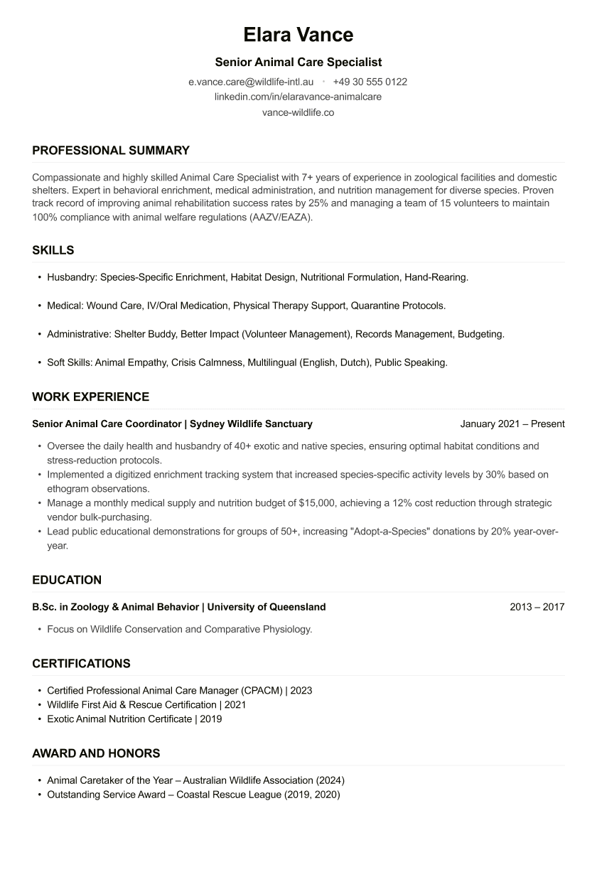 Animal Care Worker CV