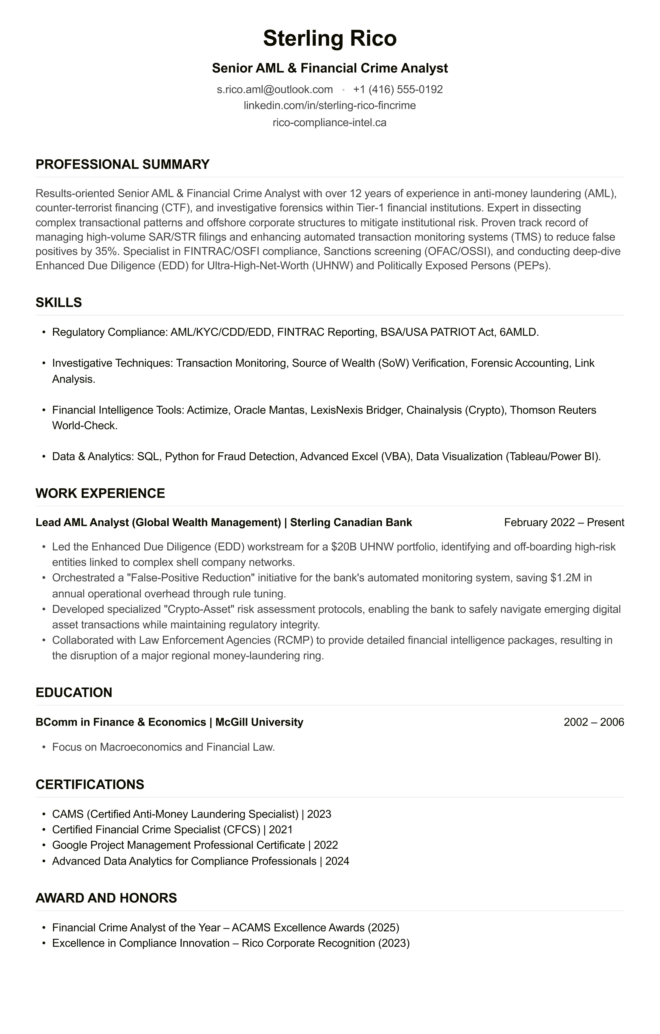AML Analyst CV example