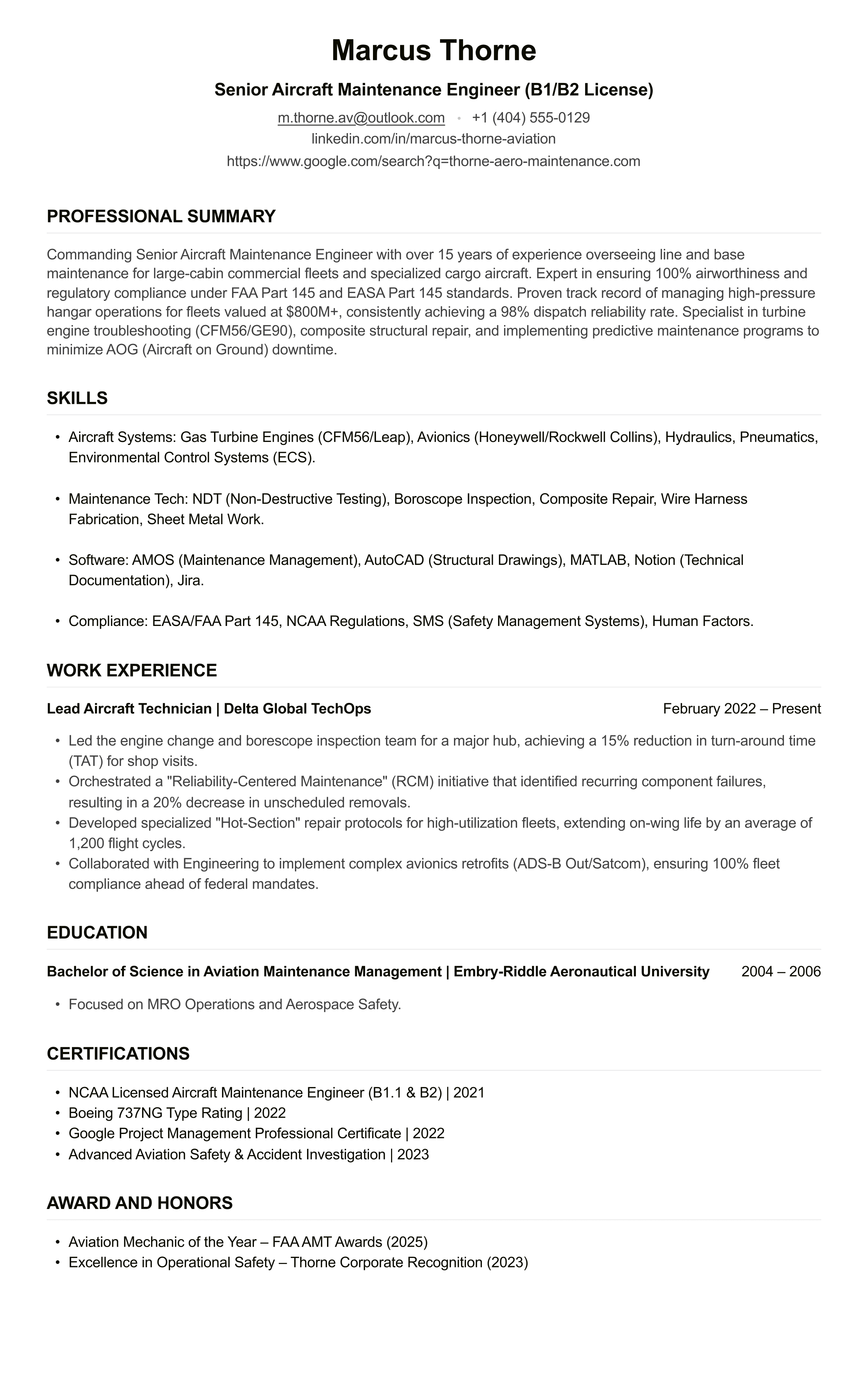 Aircraft Engineer CV example