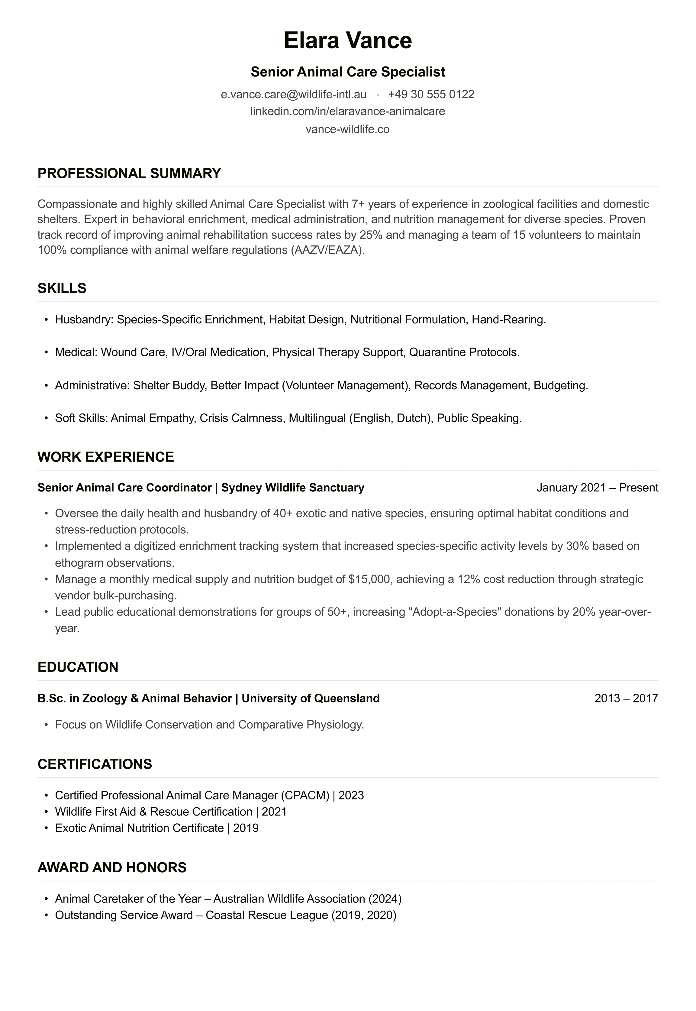 Animal Care Worker CV example