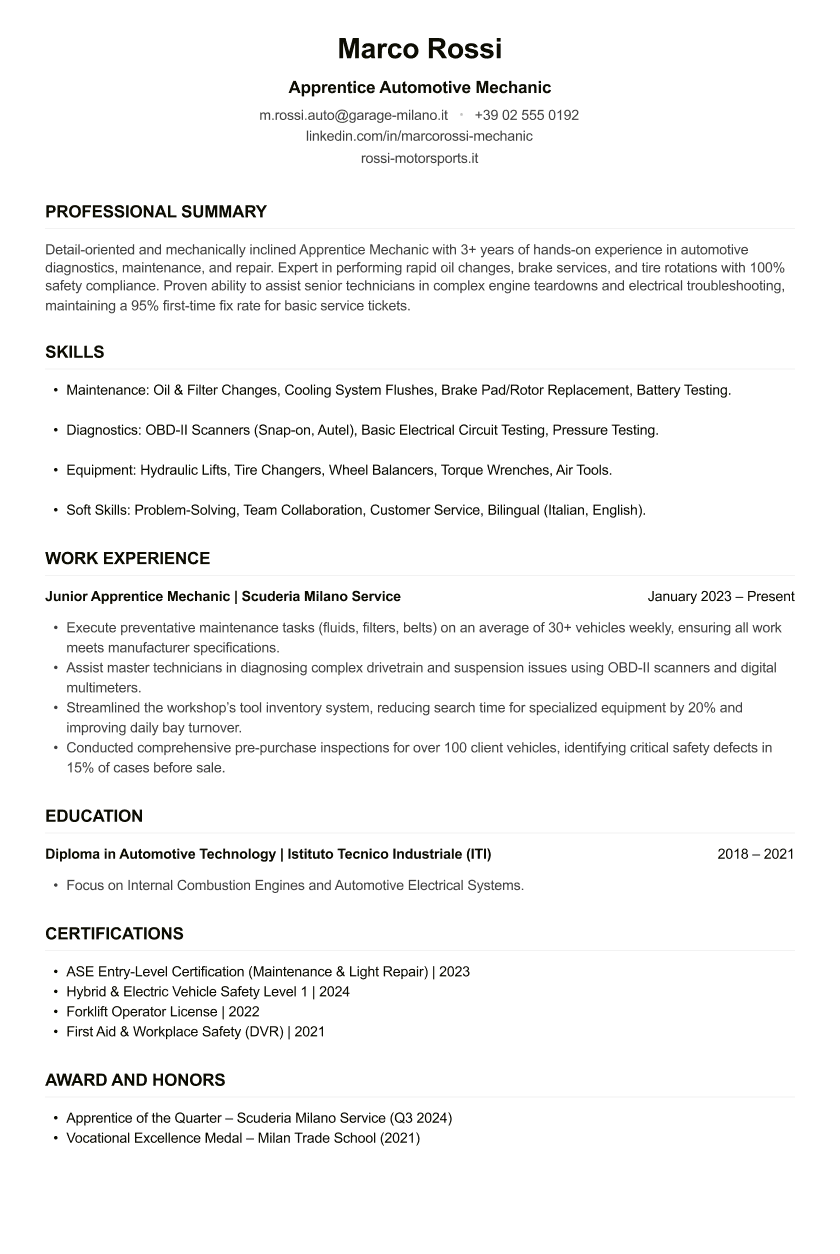 Apprentice Mechanic CV