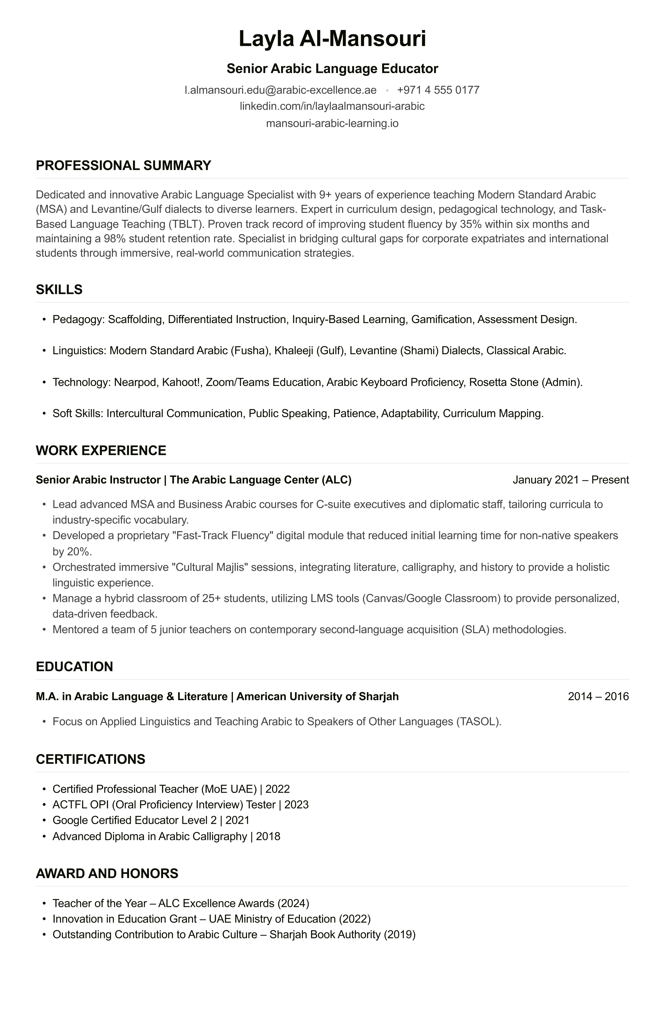 Arabic Teacher CV example