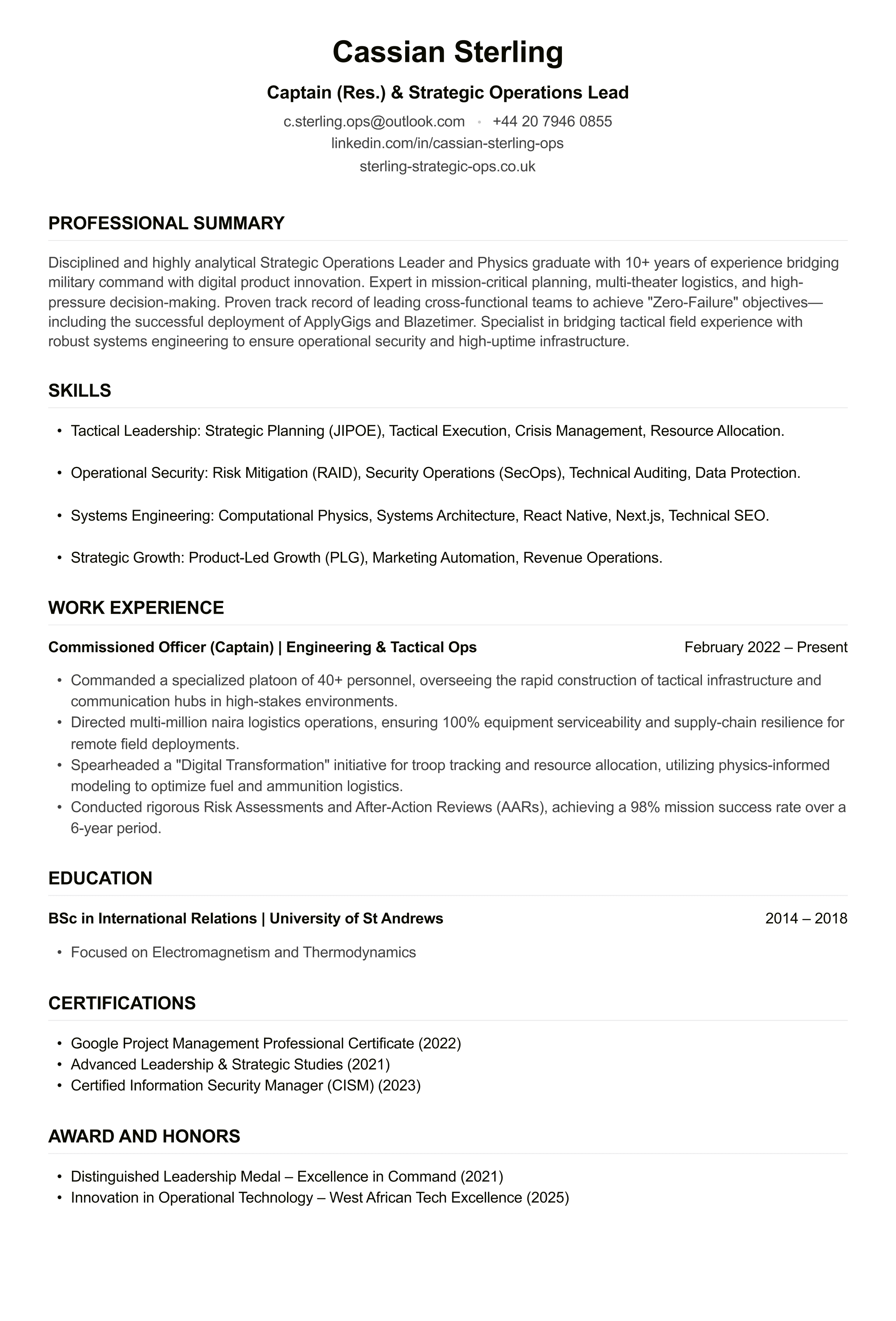 Army Officer CV example