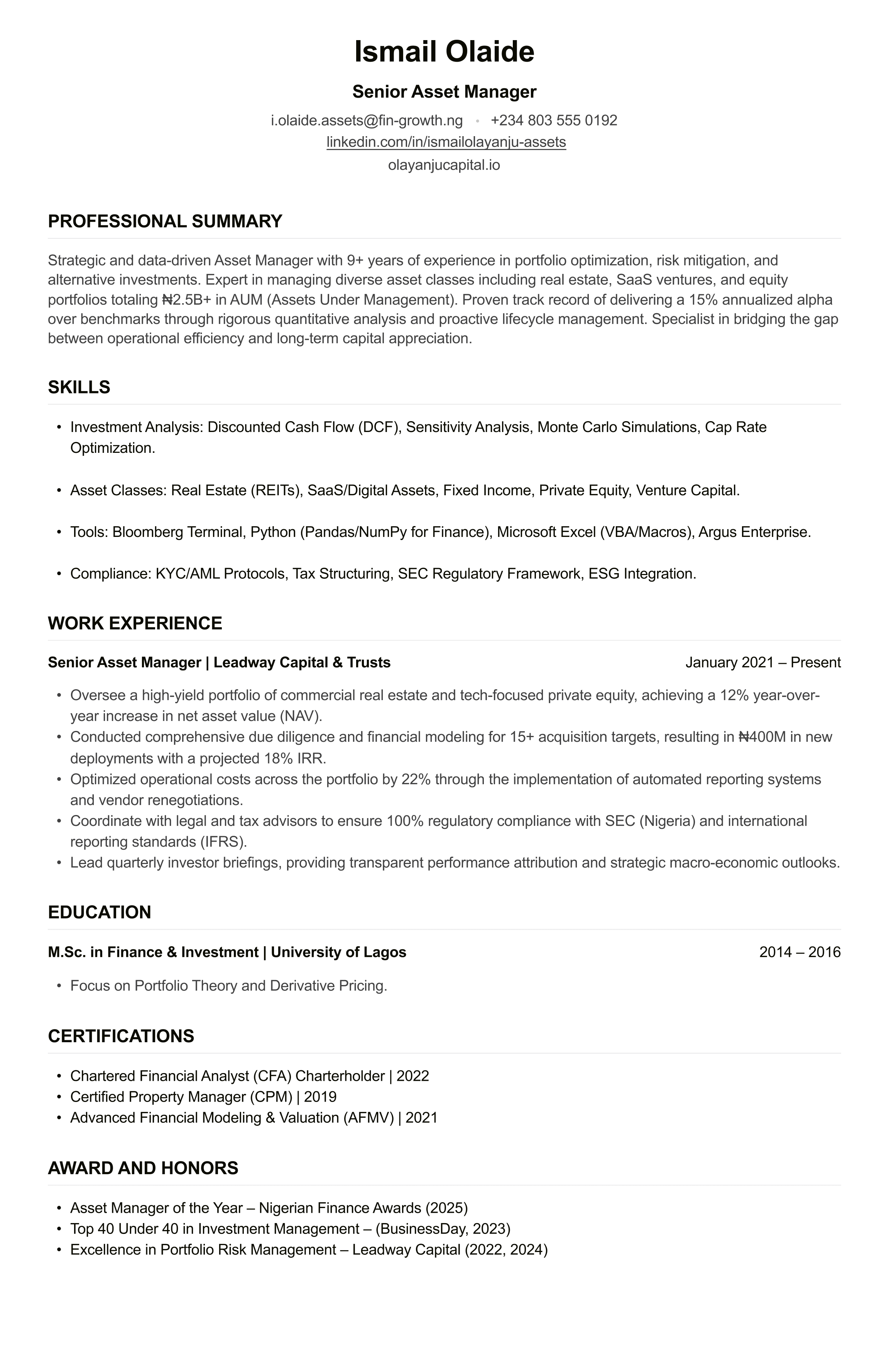 Asset Manager CV example