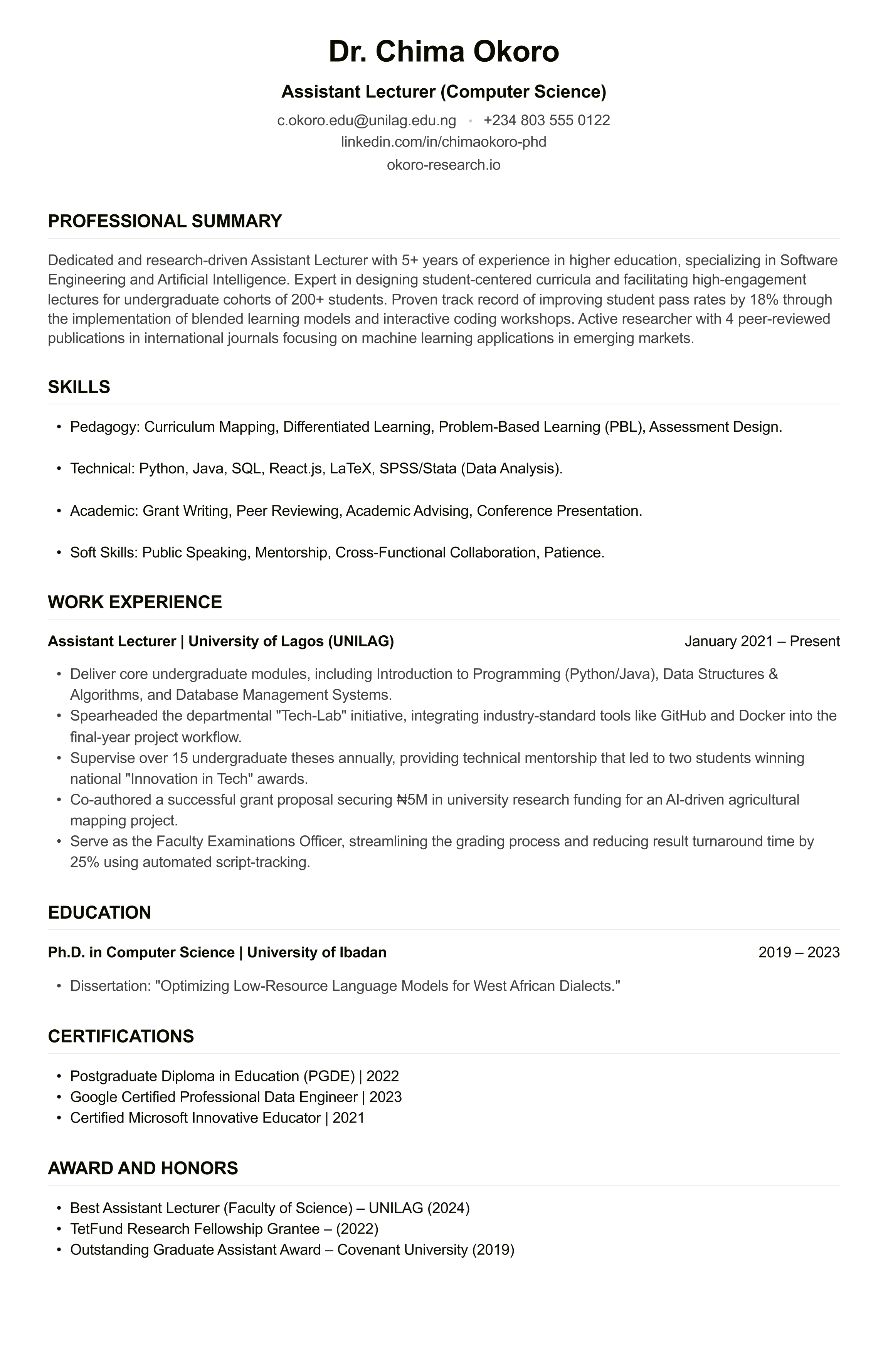 Assistant Lecturer CV example