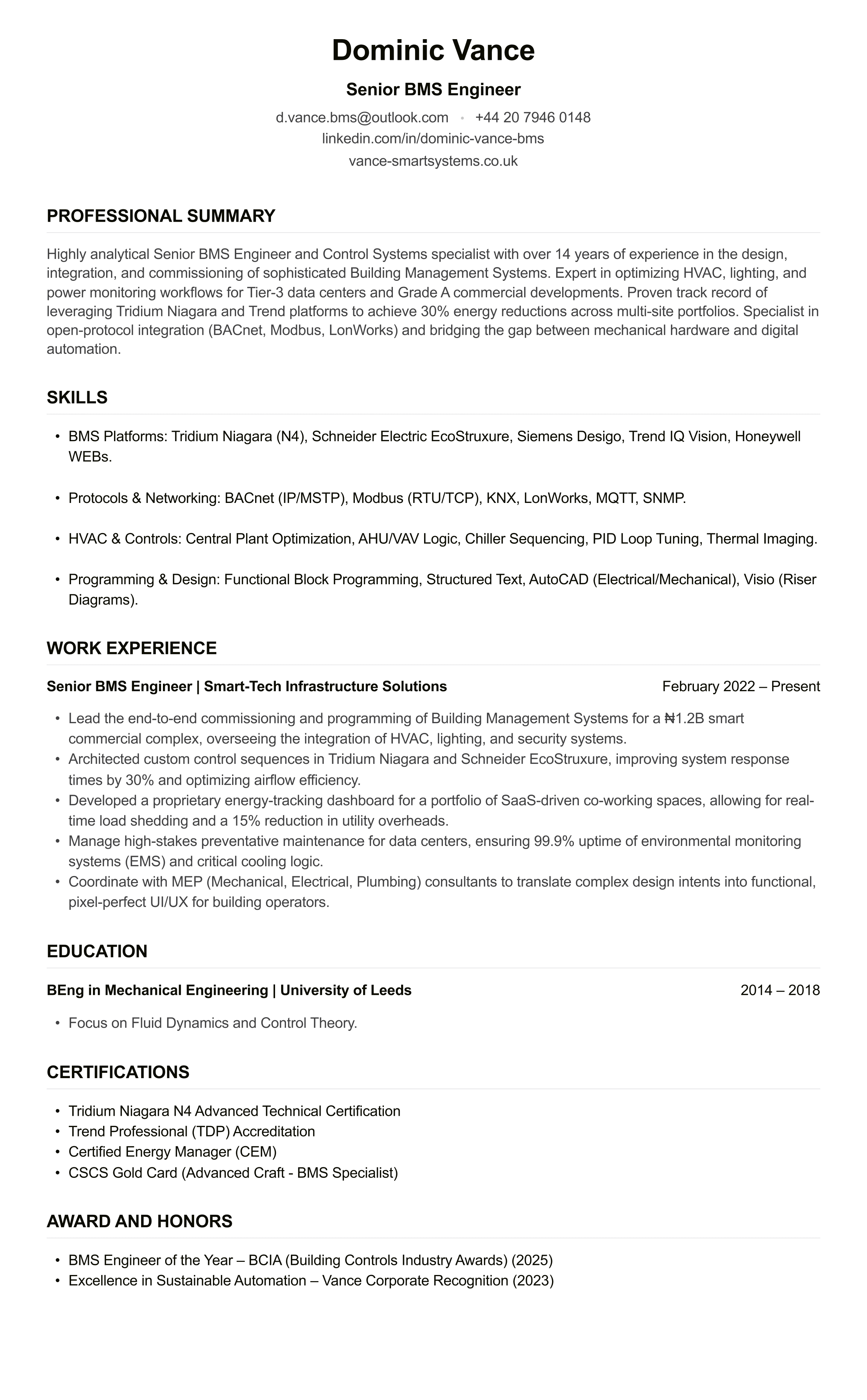 BMS Engineer CV example