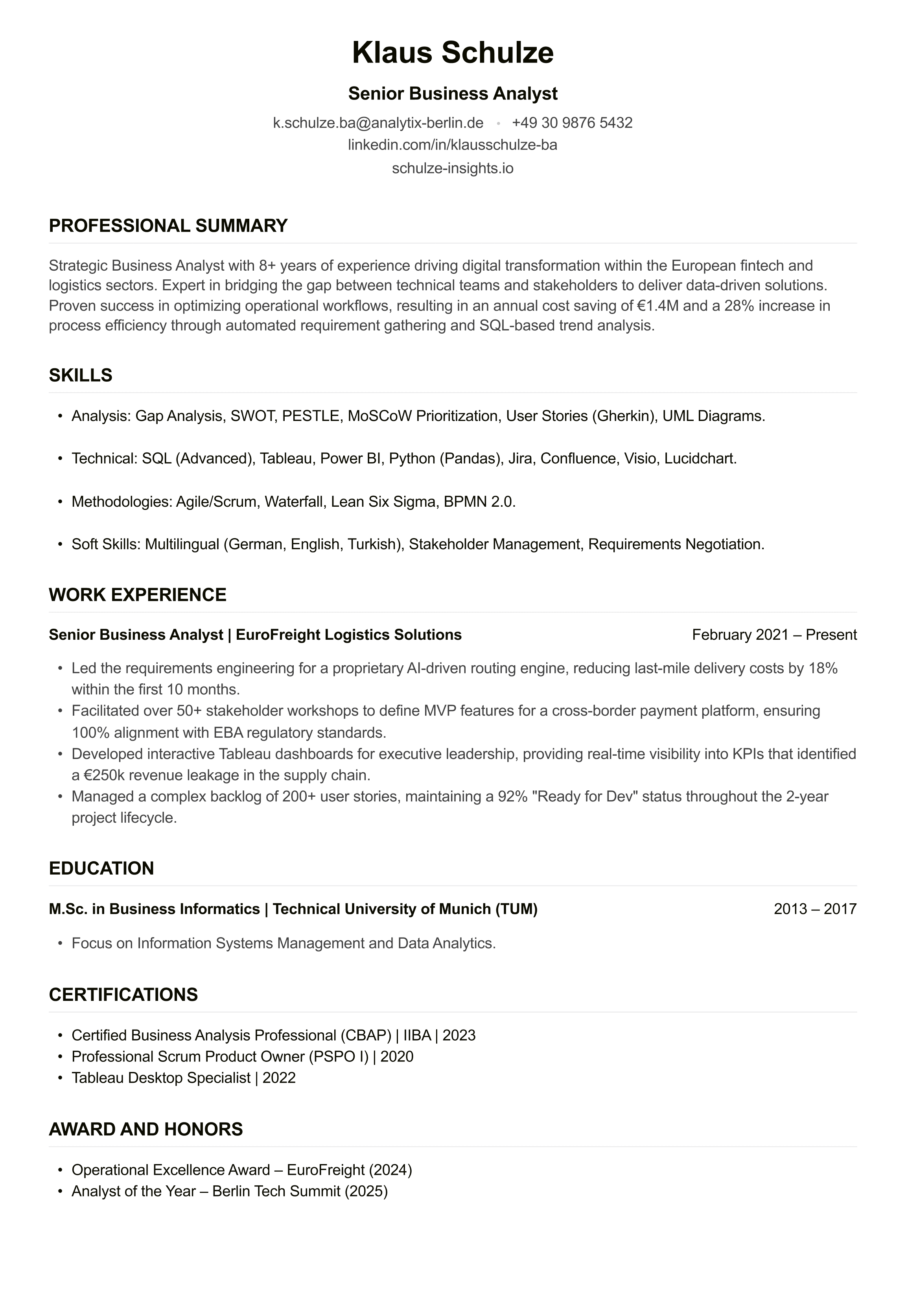 Business Analyst CV example