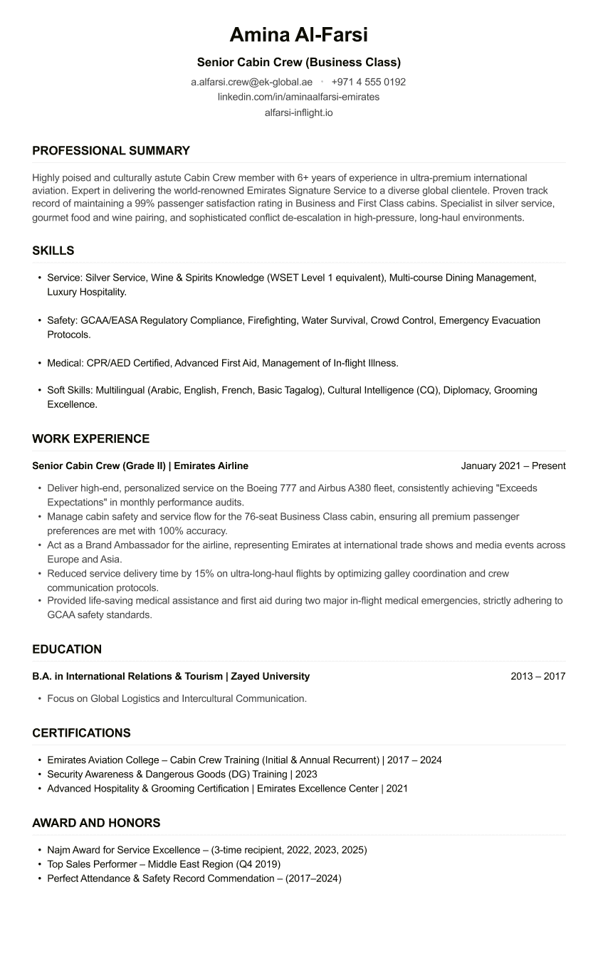 Emirates Cabin Crew CV