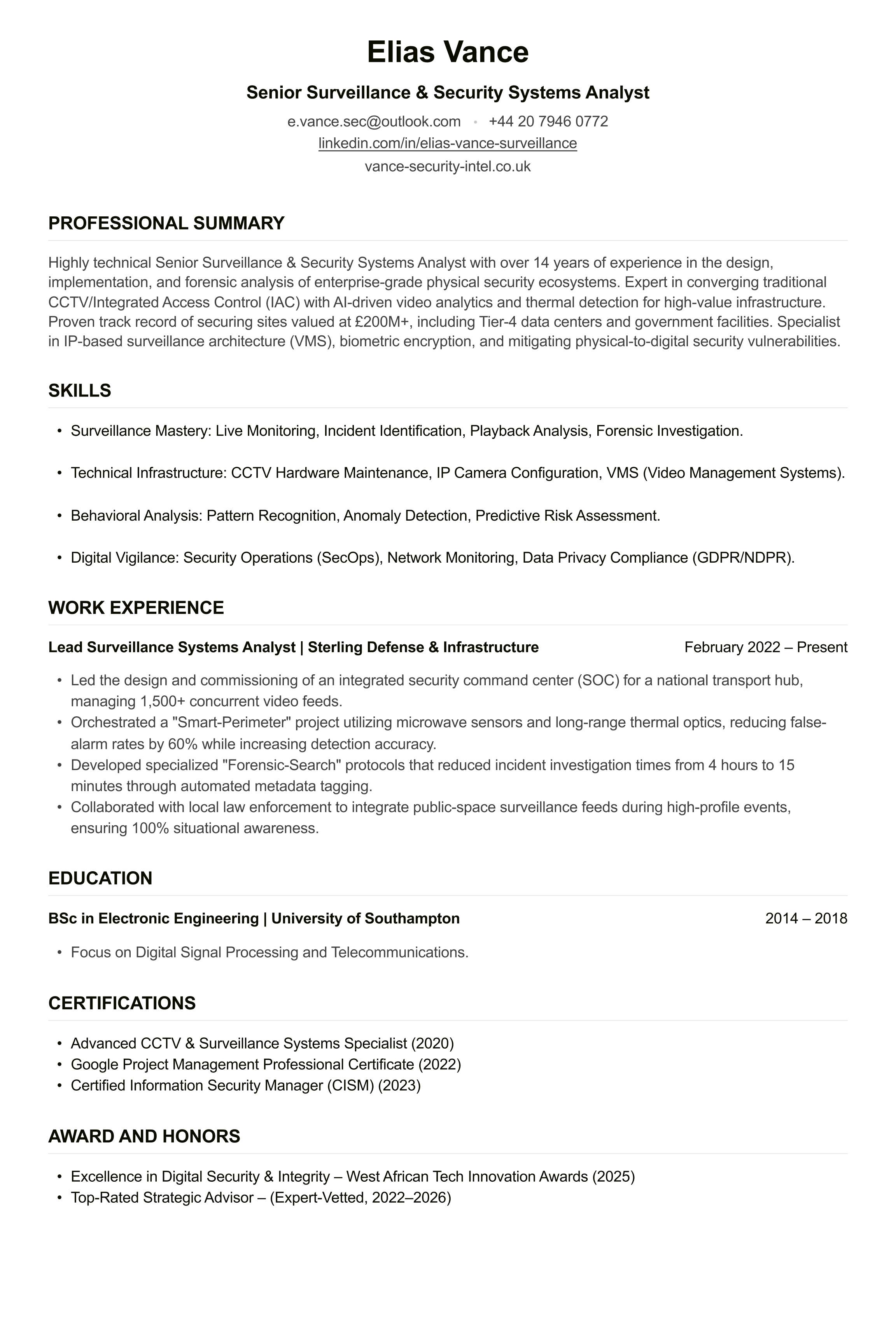 CCTV Operator CV example