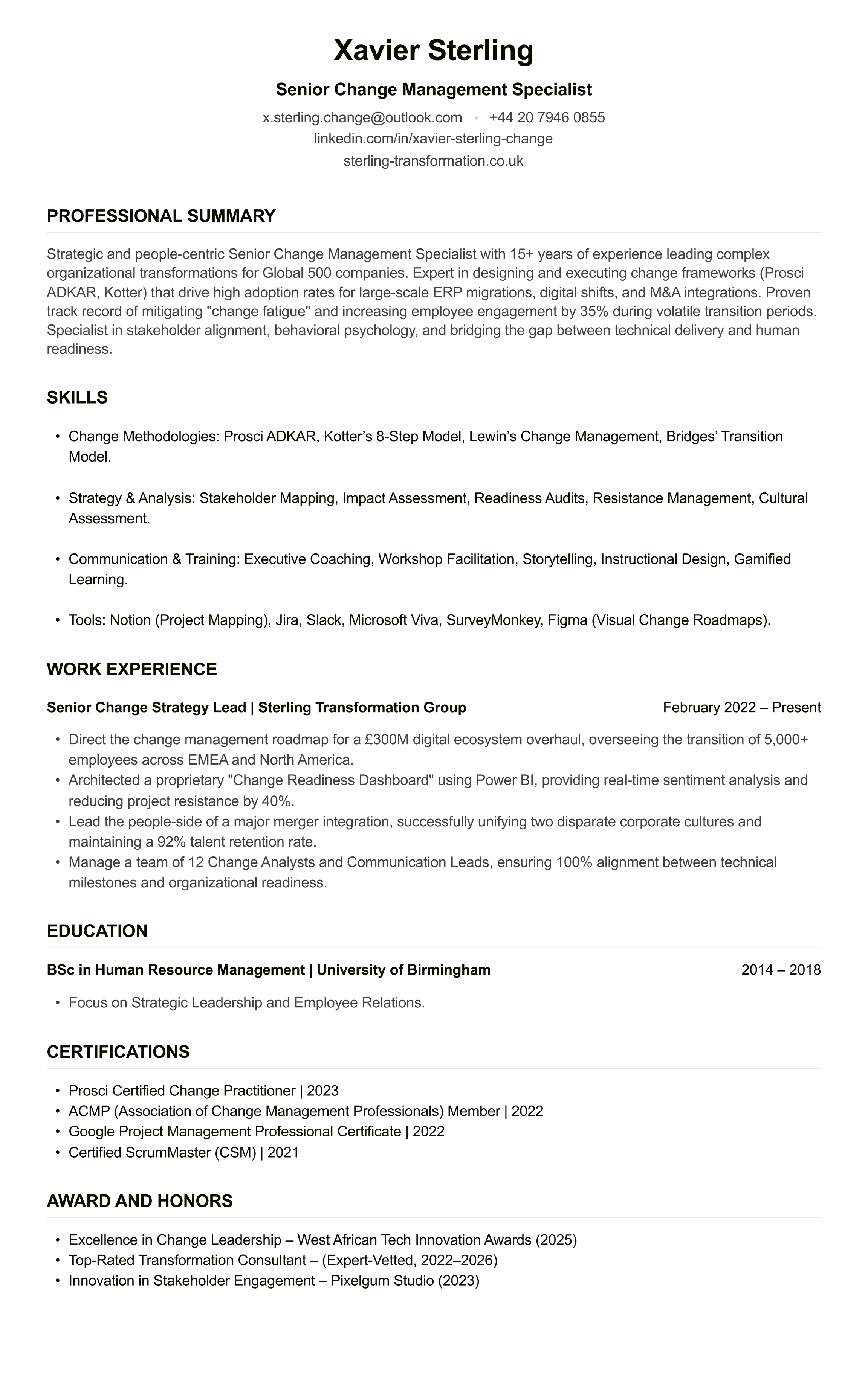 Change Management CV example