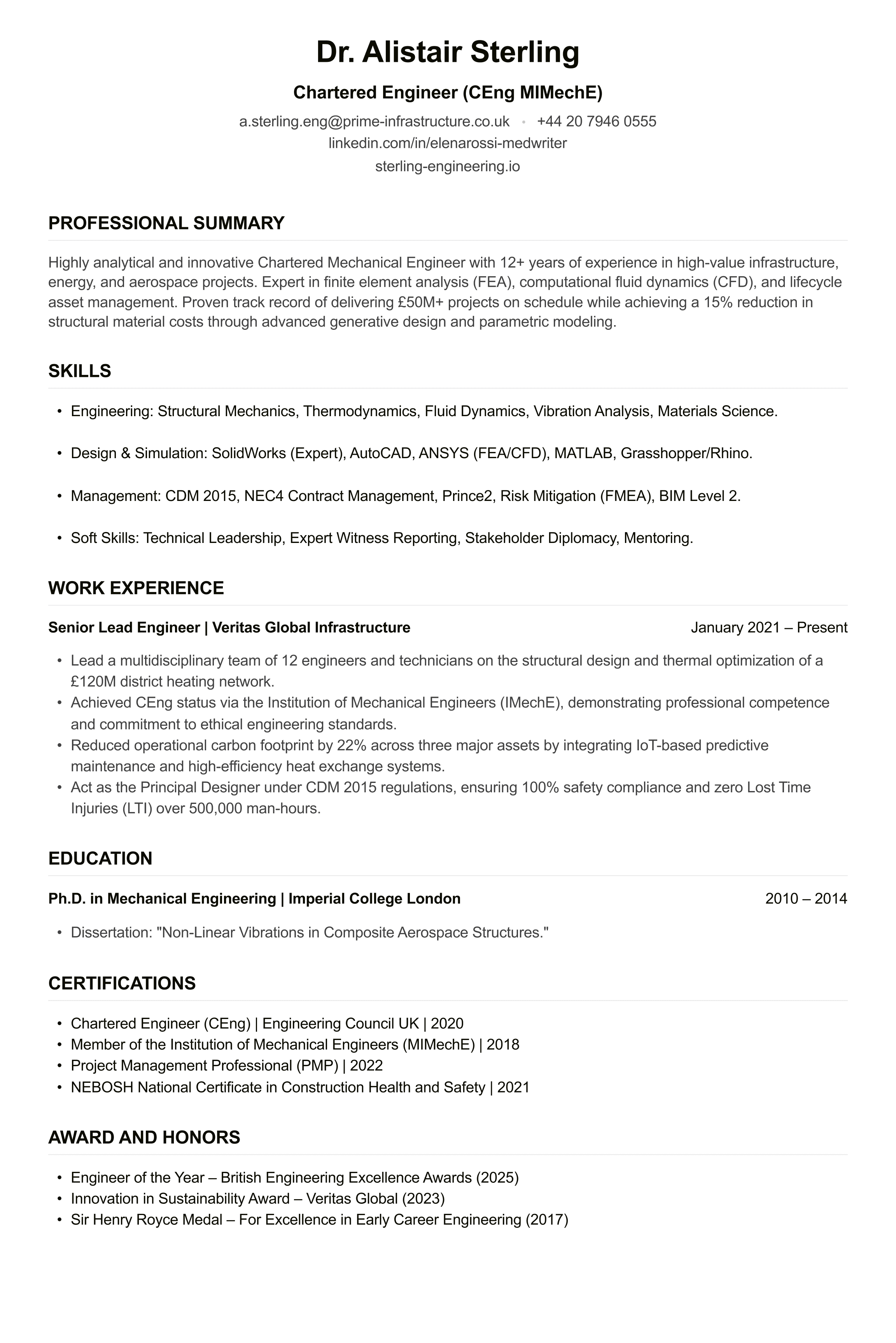 Chartered Engineer CV example
