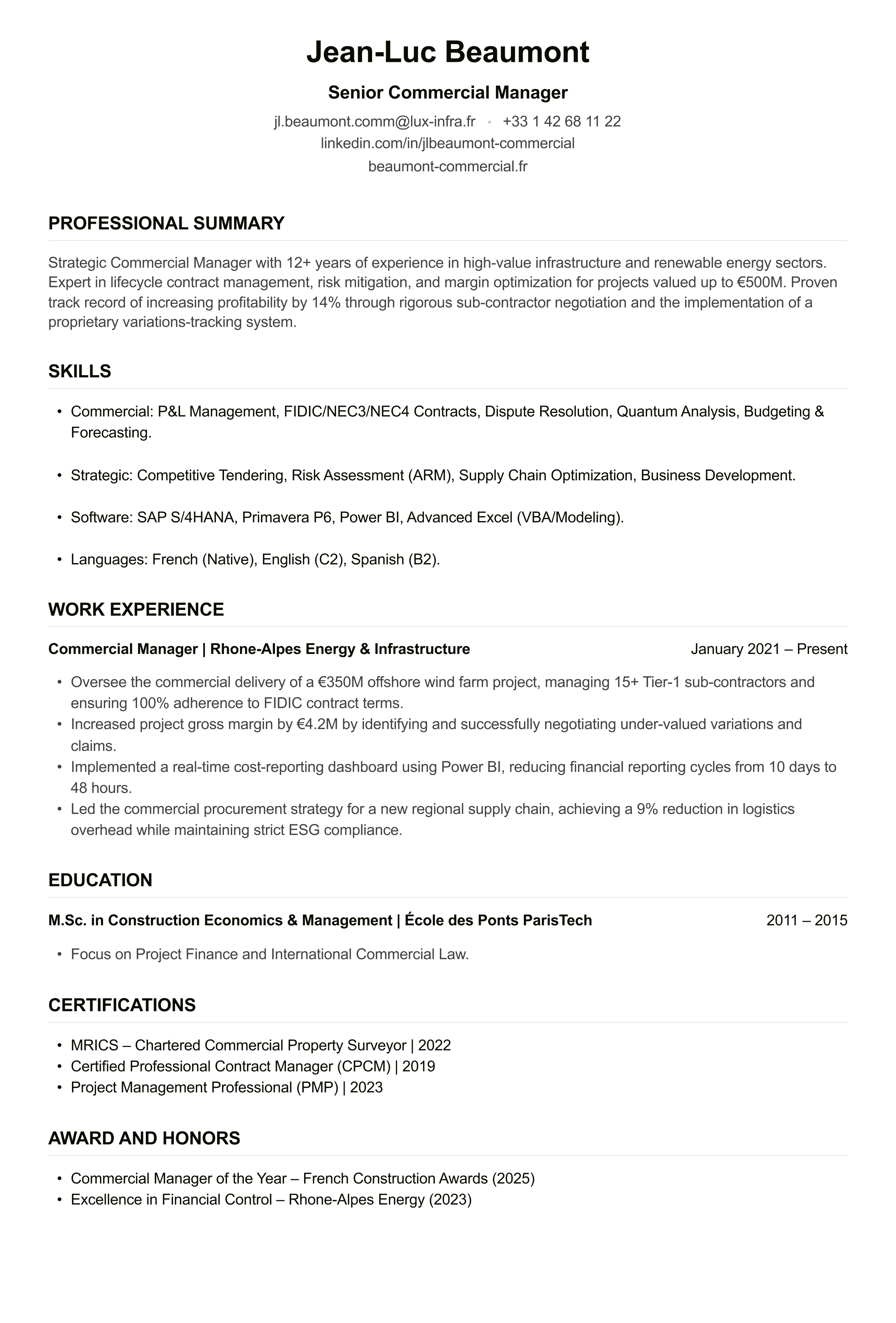 Commercial Manager CV example