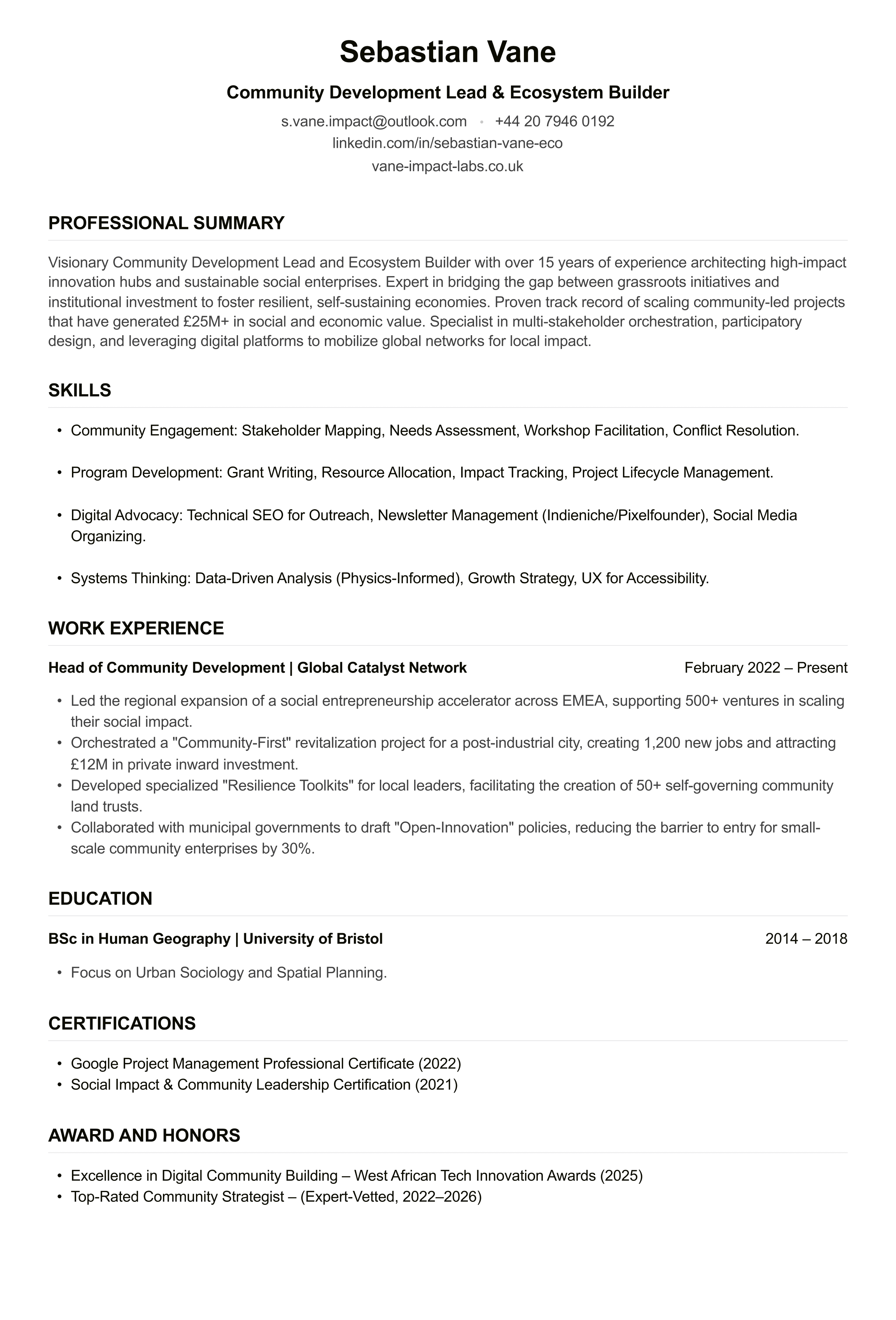 Community Development Worker CV example