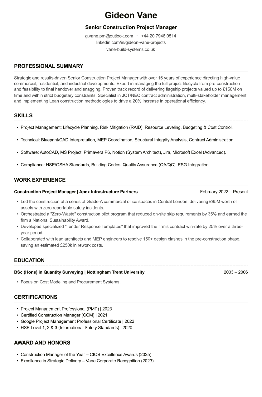 Construction Project Manager CV