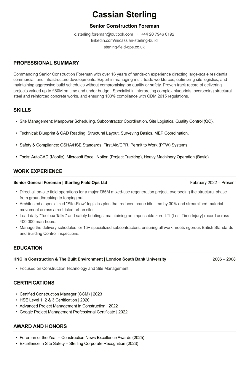 Construction Foreman CV