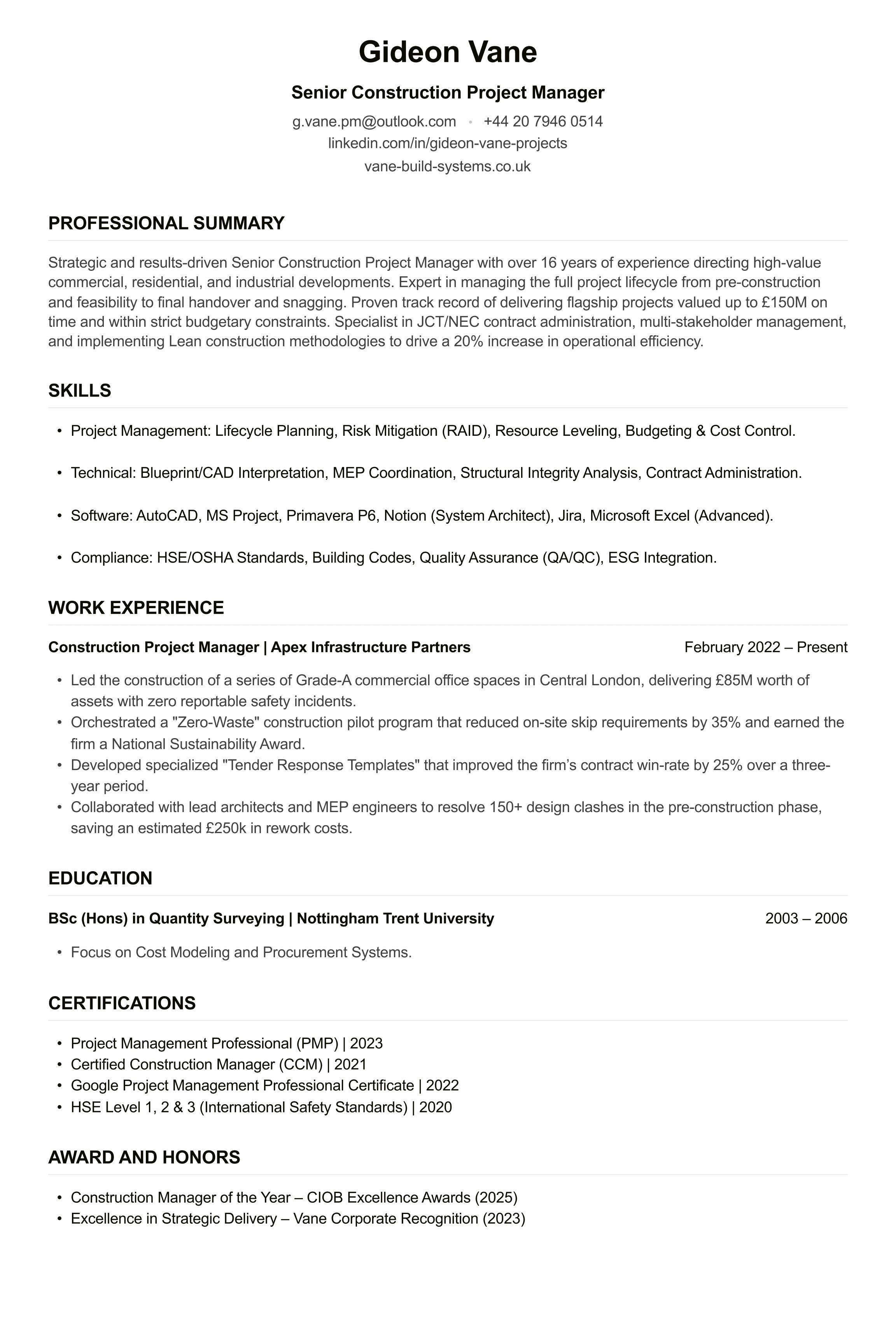 Construction Project Manager CV example