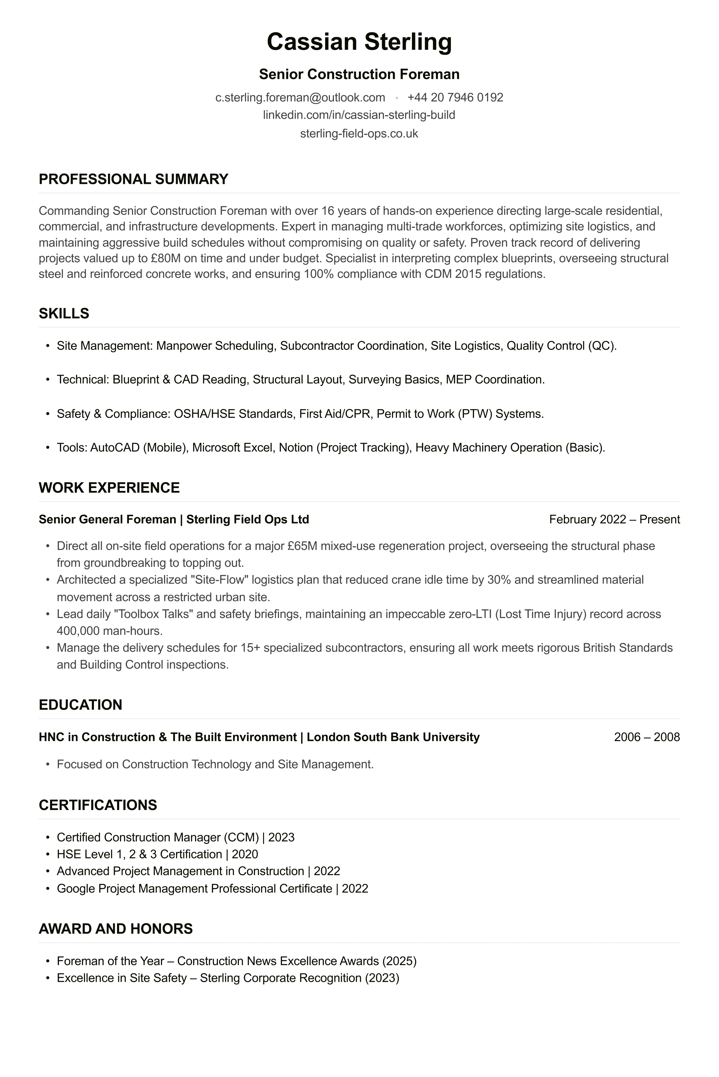 Construction Foreman CV example