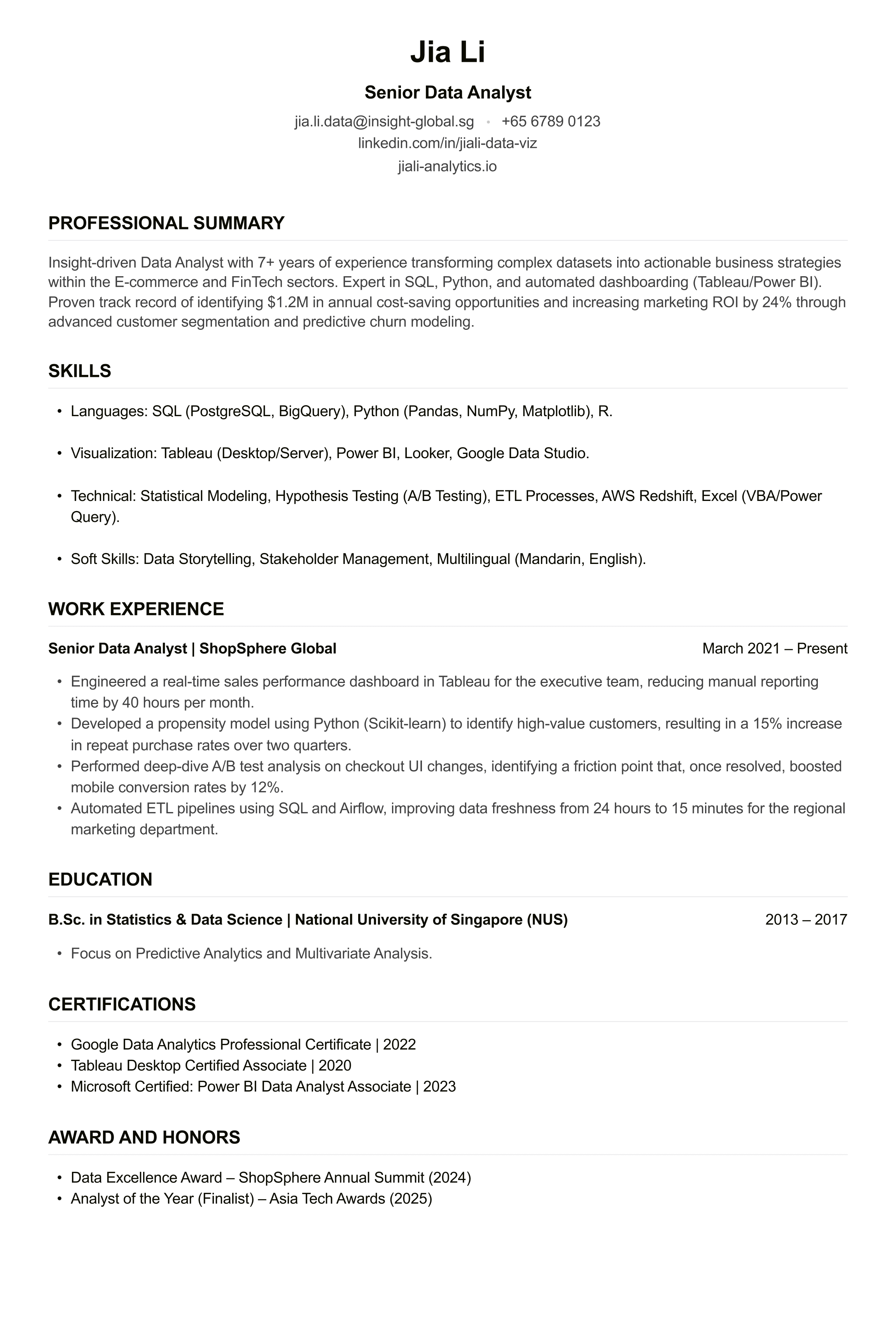 Data Analyst CV example