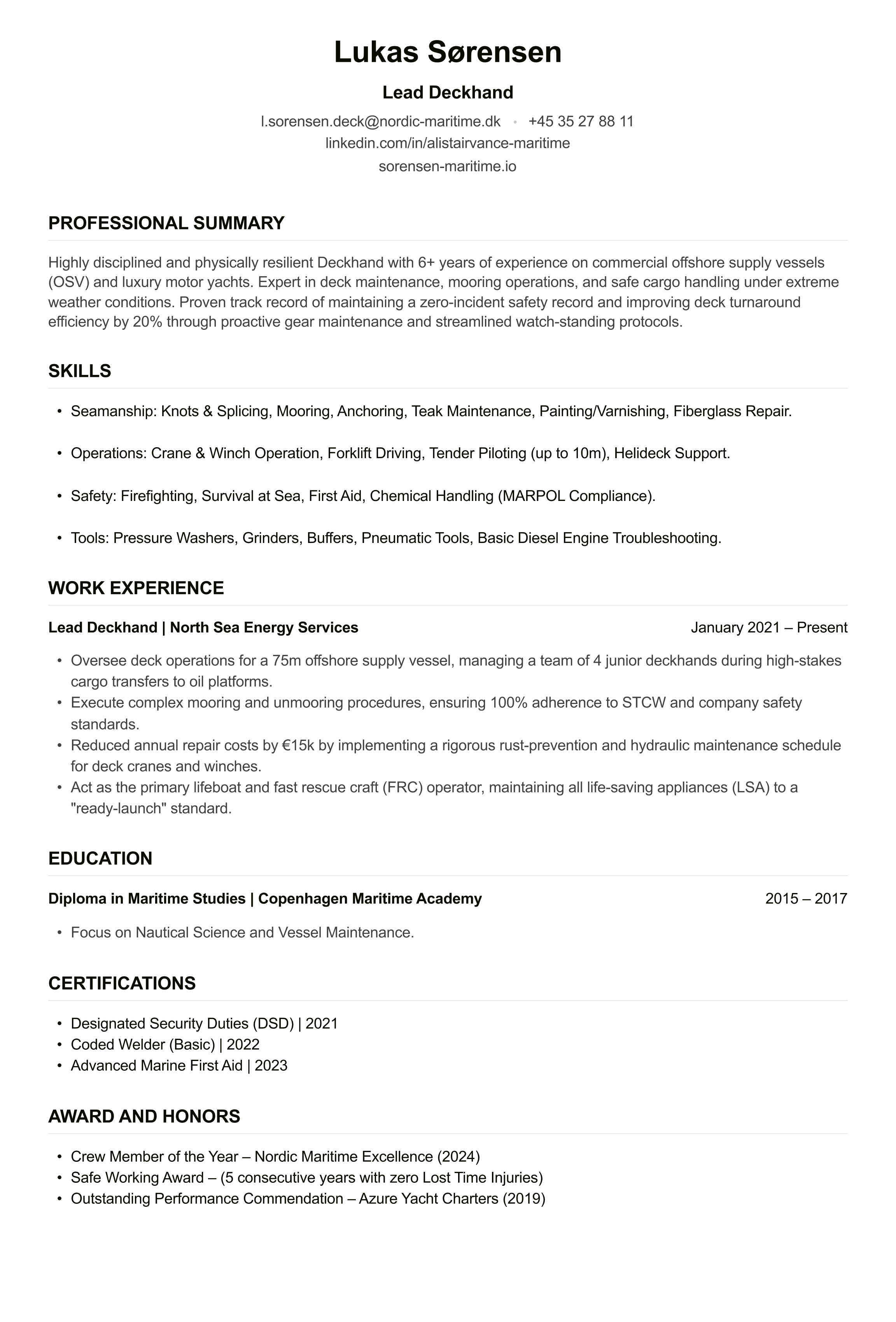 Deckhand CV example
