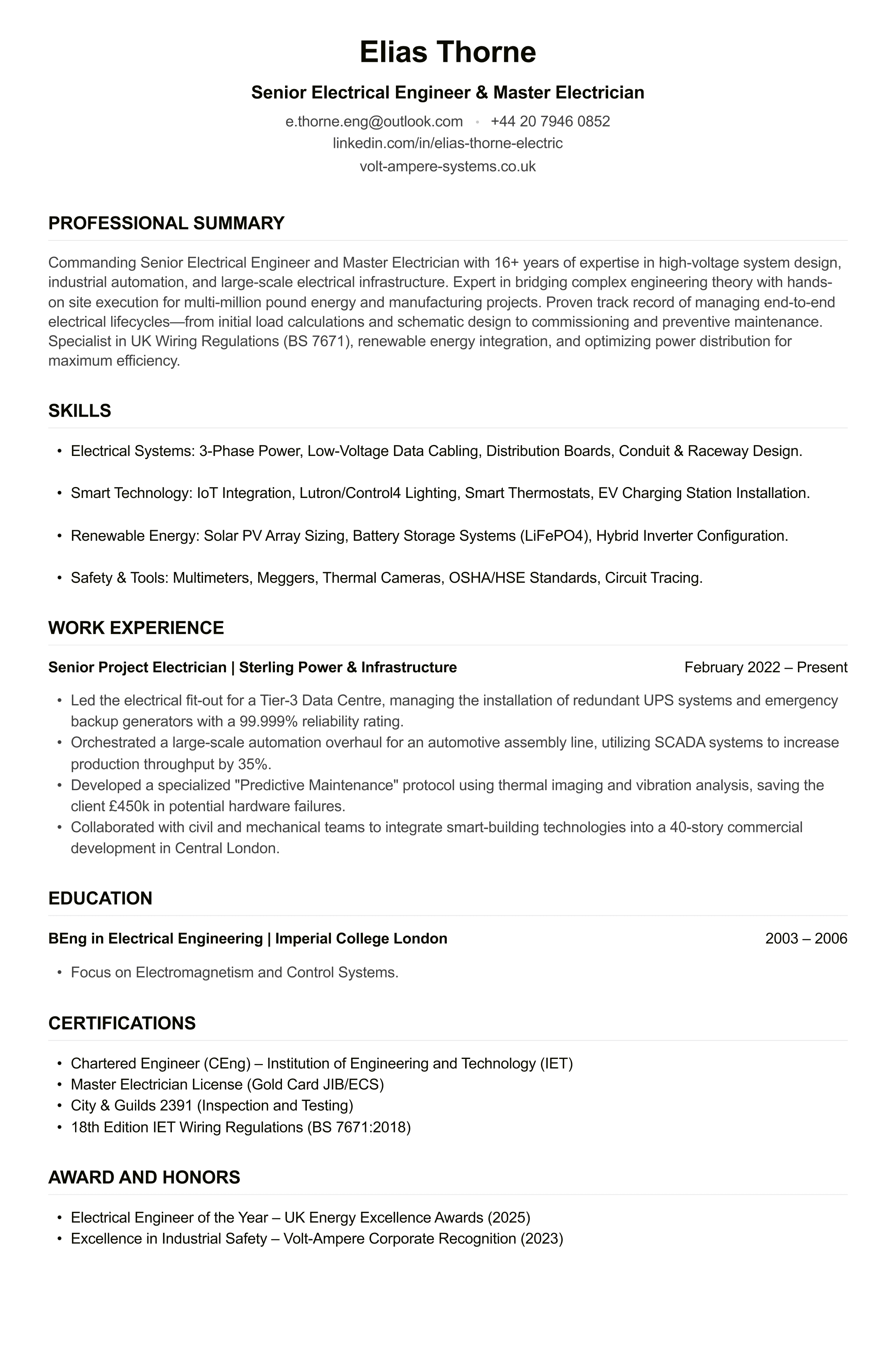Electrician CV example