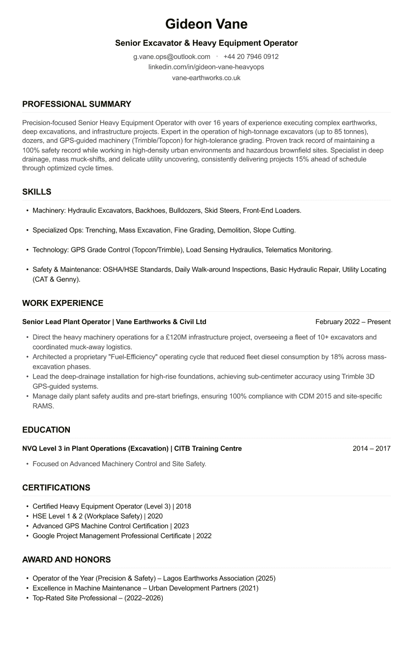 Excavator Operator CV
