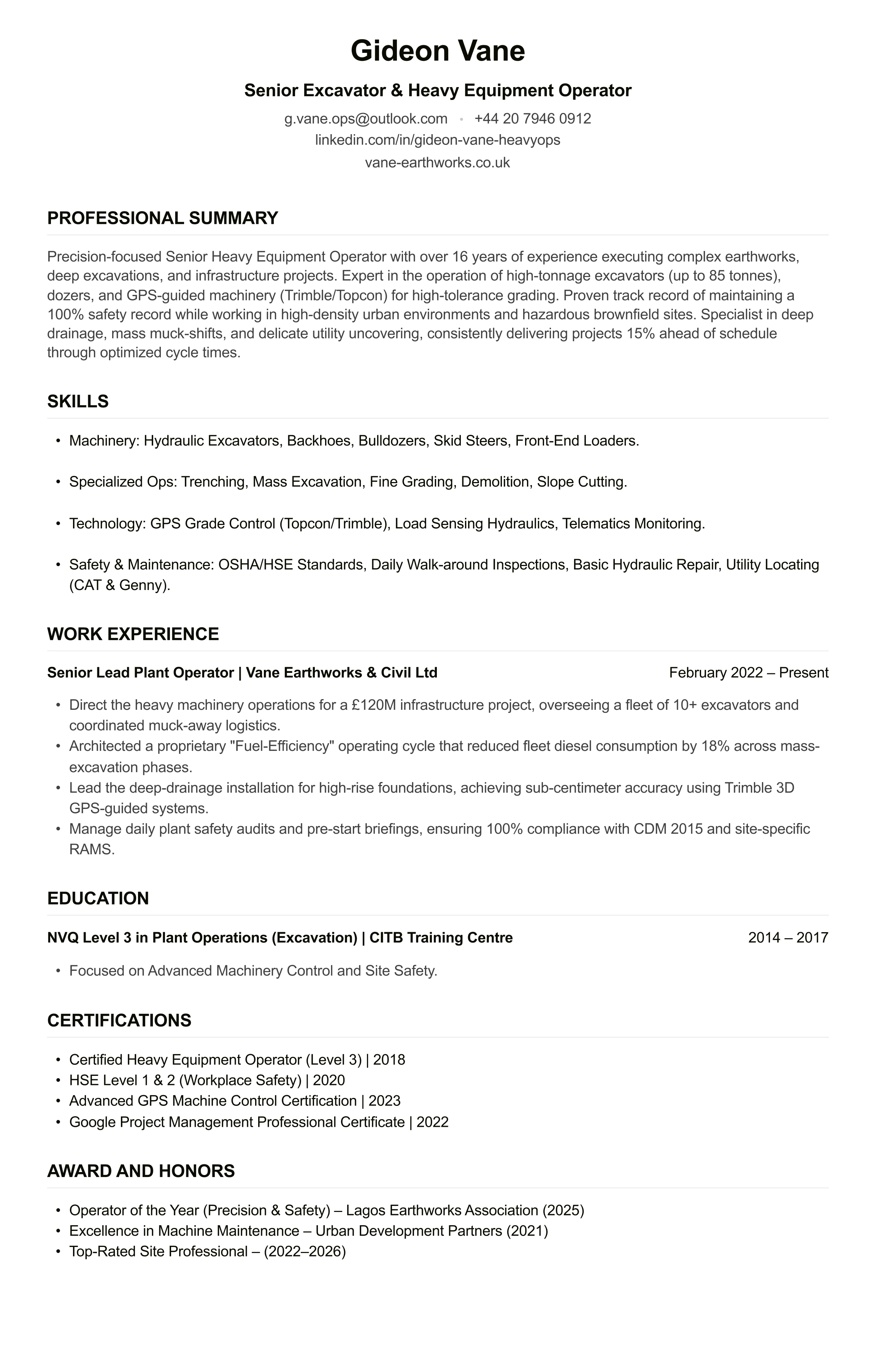 Excavator Operator CV example