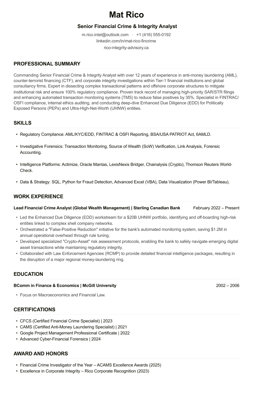 Financial Crime Analyst CV