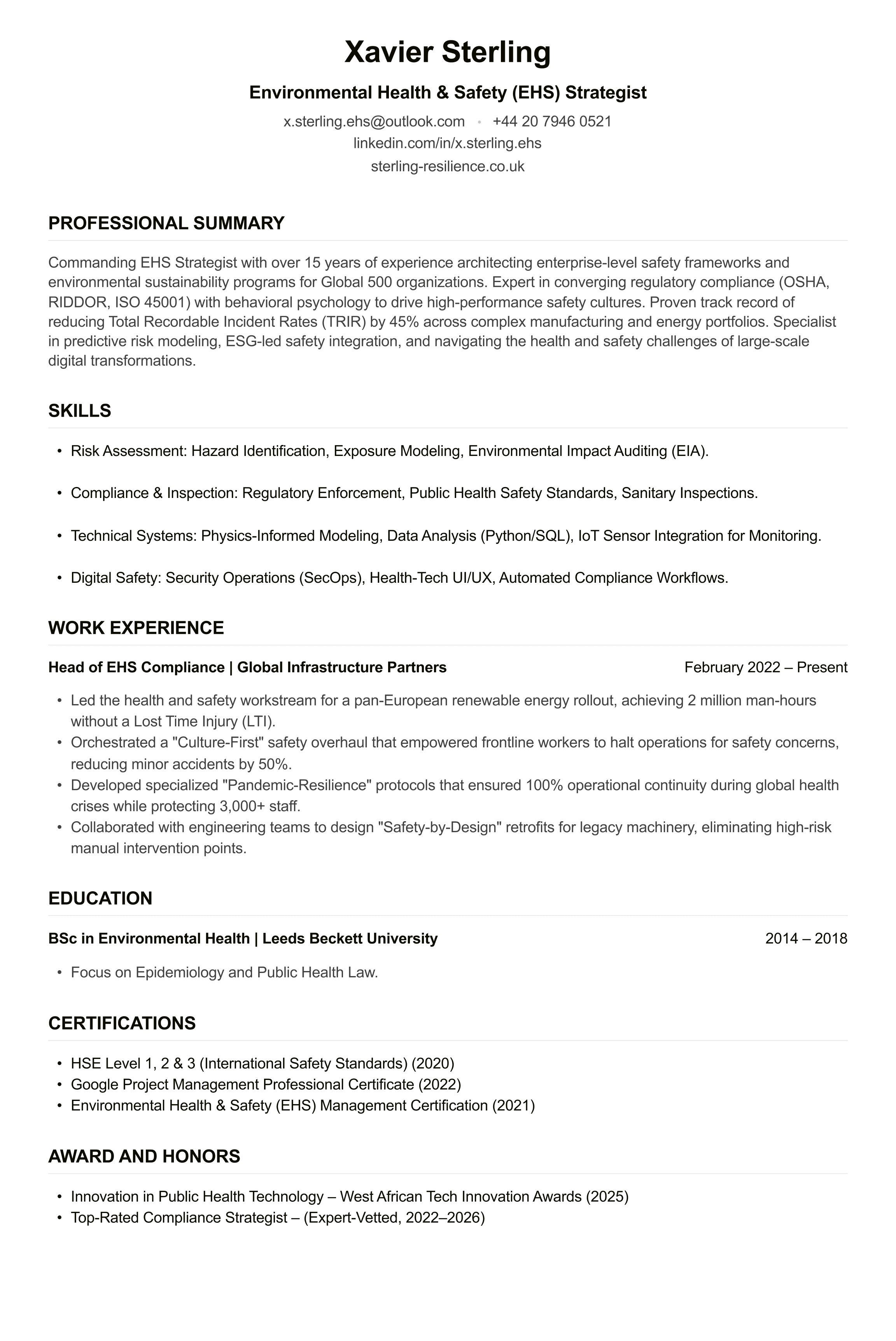 Environmental Health Officer CV example